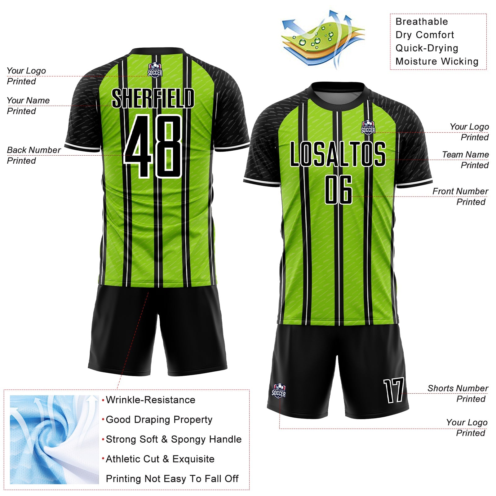 Custom Black Neon Green-White Line Sublimation Soccer Uniform Jersey view 4