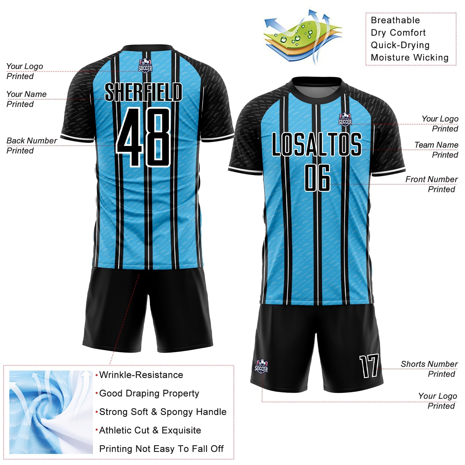 Custom Black Sky Blue-White Line Sublimation Soccer Uniform Jersey view 4