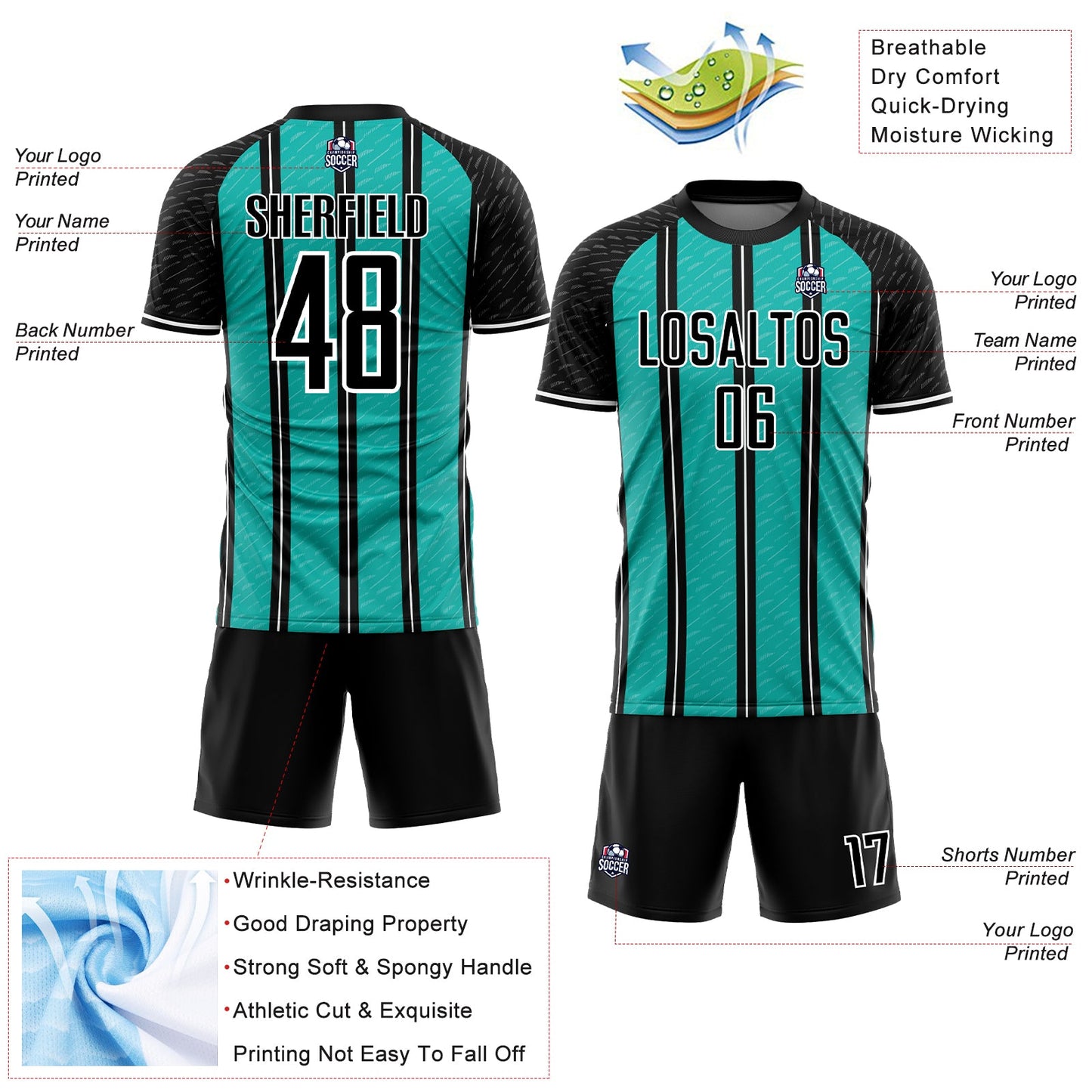 Custom Black Aqua-White Line Sublimation Soccer Uniform Jersey view 4