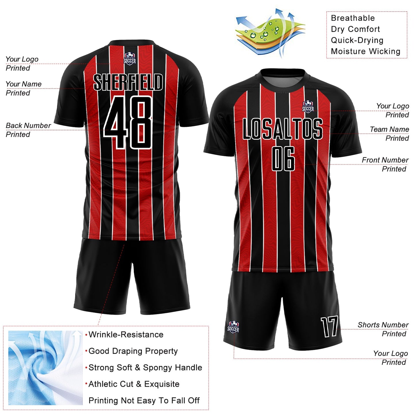Custom Black Red-White Line Sublimation Soccer Uniform Jersey view 4