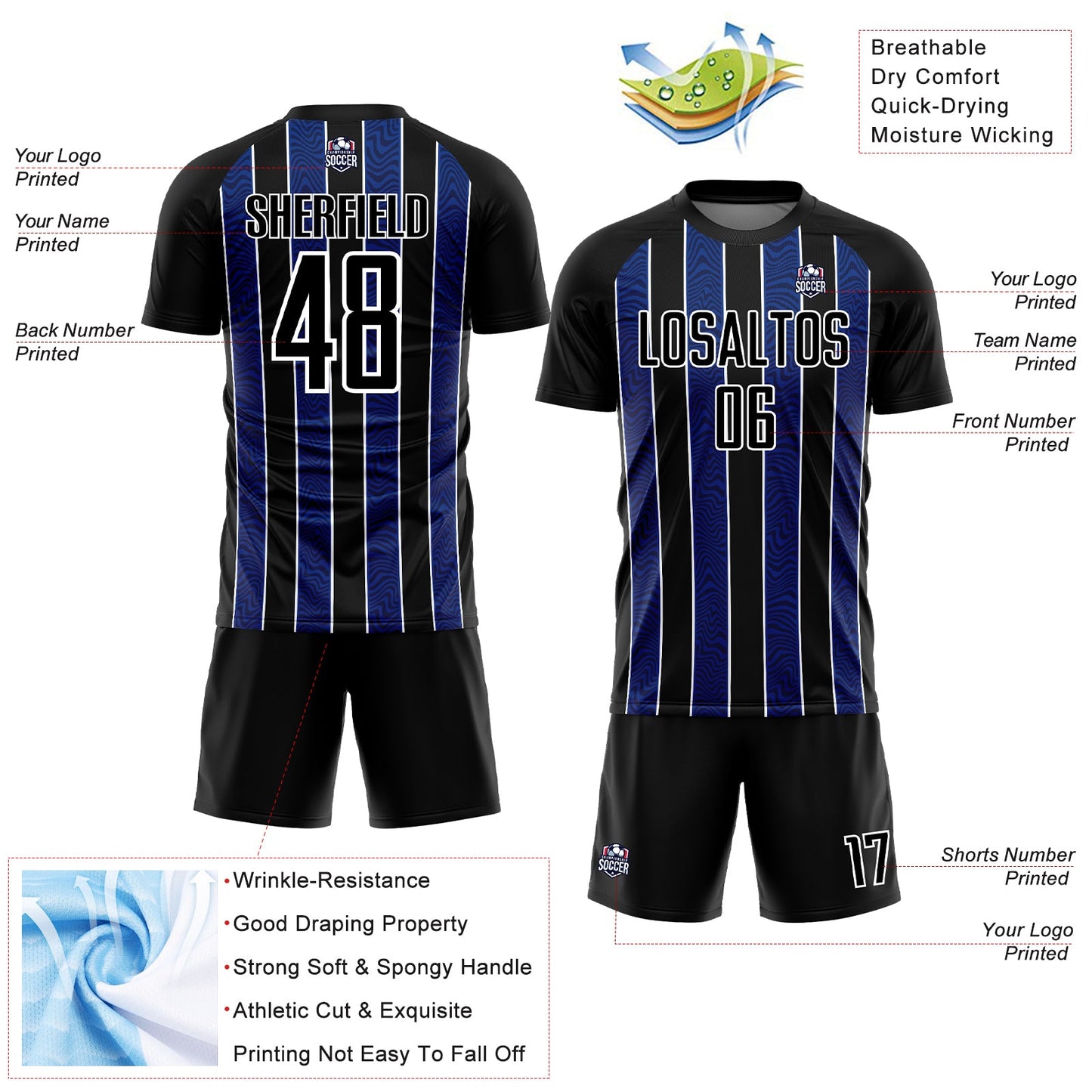 Custom Black Royal-White Line Sublimation Soccer Uniform Jersey view 4
