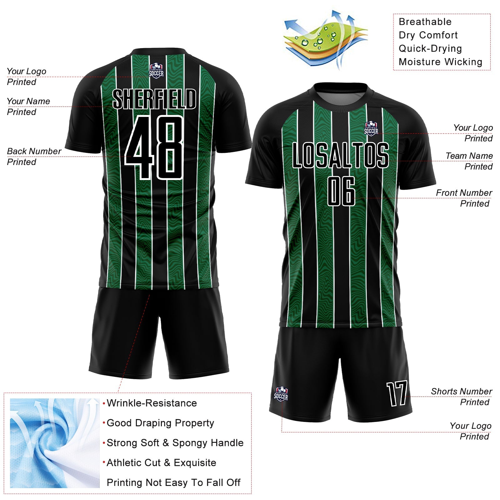 Custom Black Kelly Green-White Line Sublimation Soccer Uniform Jersey view 4