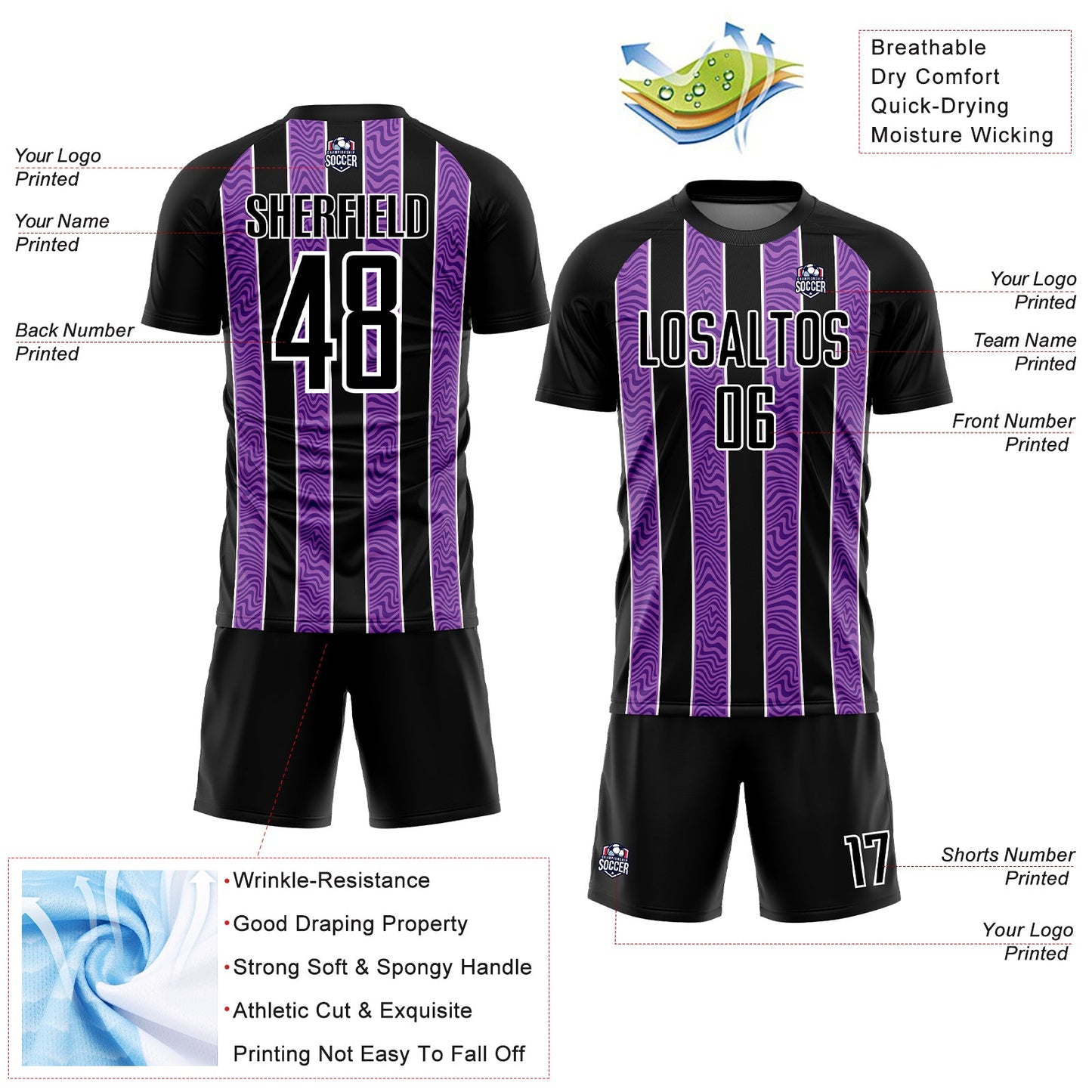Custom Black Purple-White Line Sublimation Soccer Uniform Jersey view 4