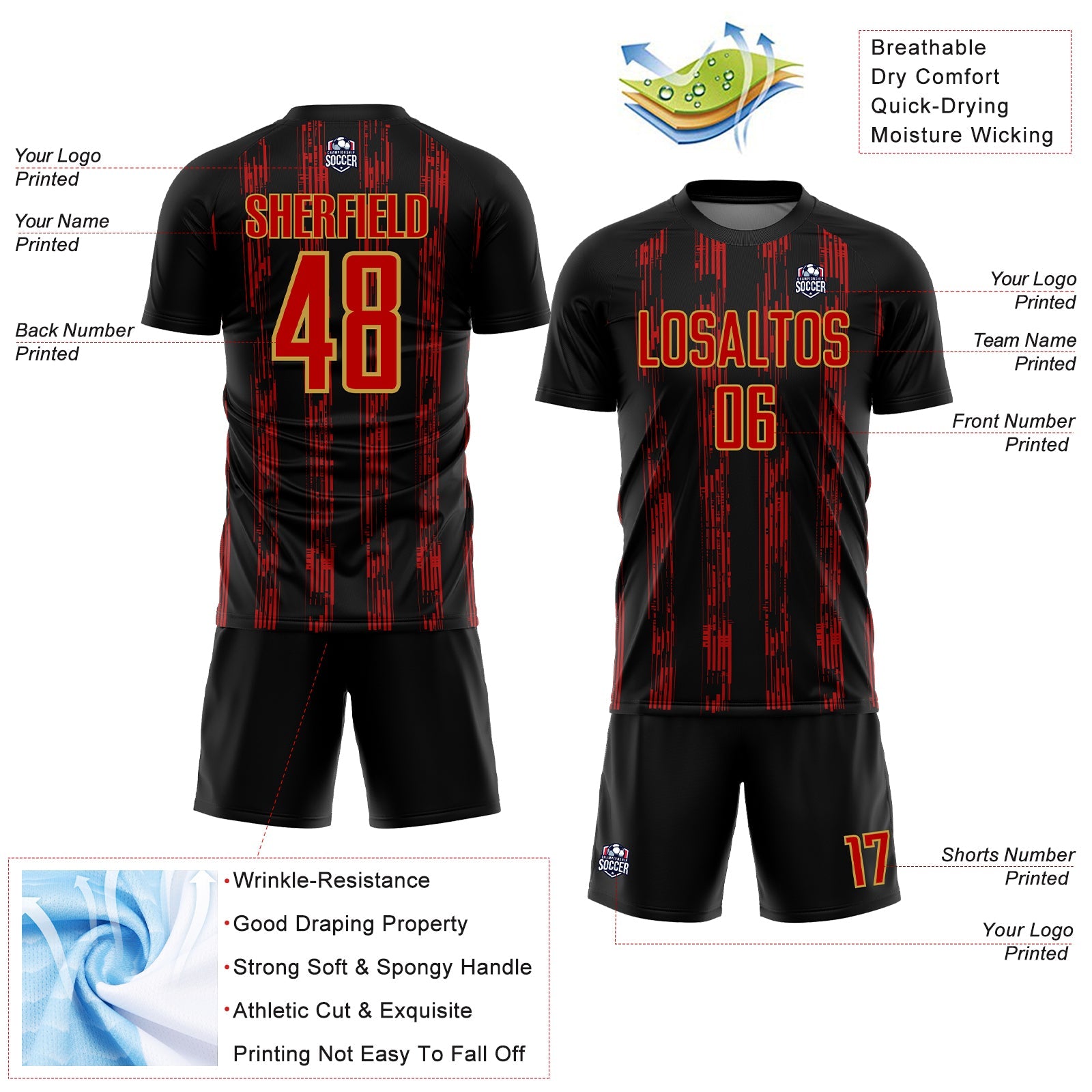 Custom Black Red-Old Gold Line Sublimation Soccer Uniform Jersey view 4