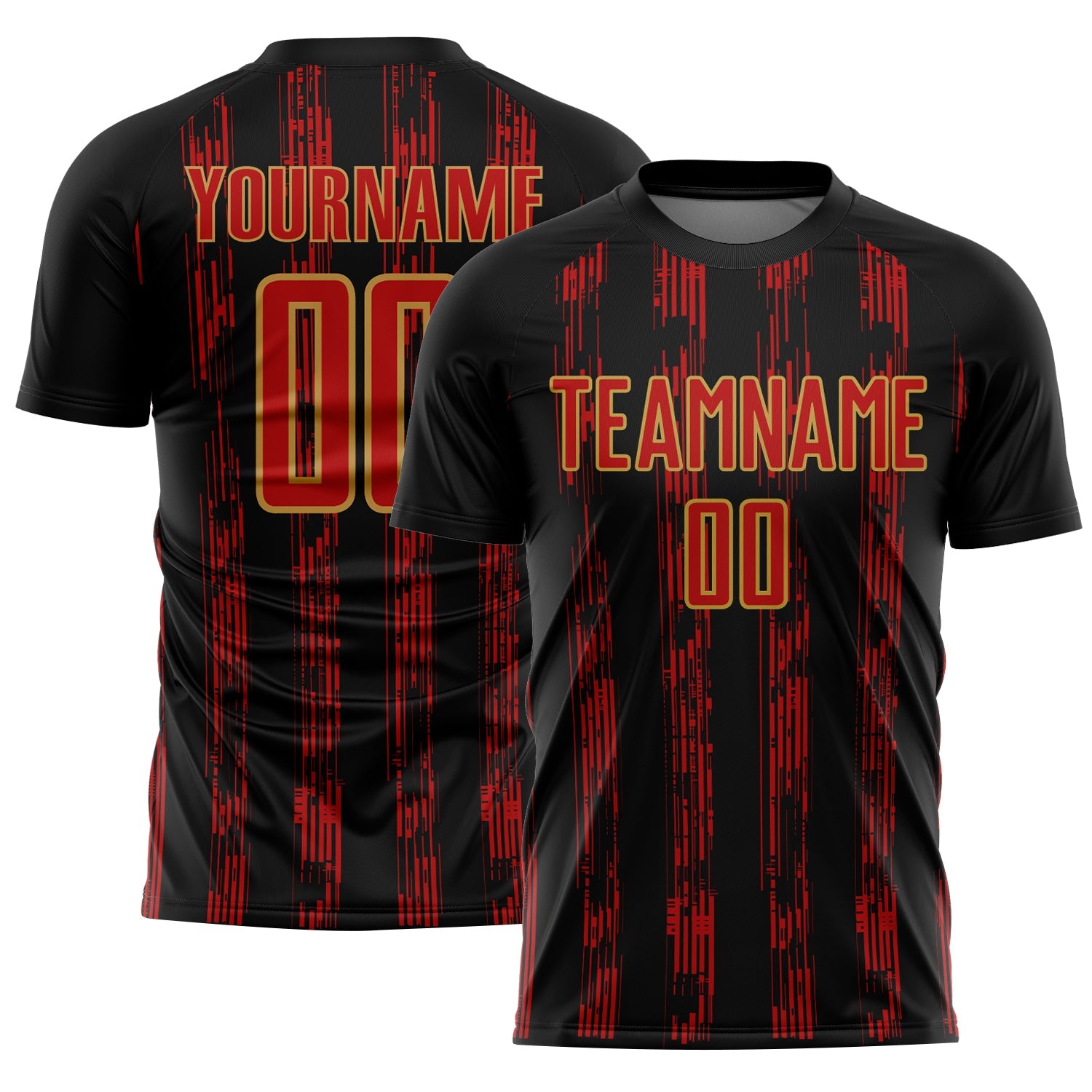 Custom Black Red-Old Gold Line Sublimation Soccer Uniform Jersey - Main View