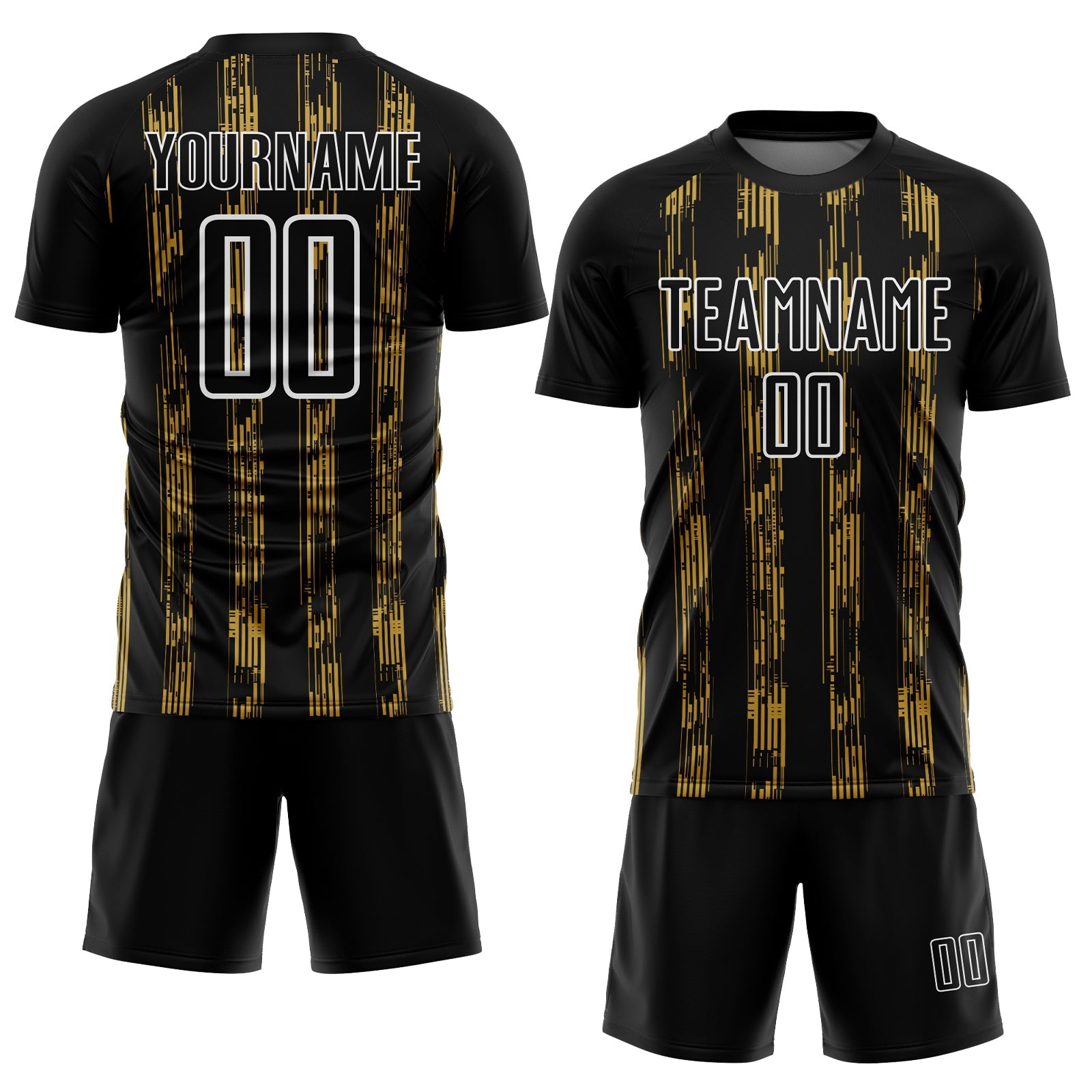 Custom Black Old Gold-White Line Sublimation Soccer Uniform Jersey view 2
