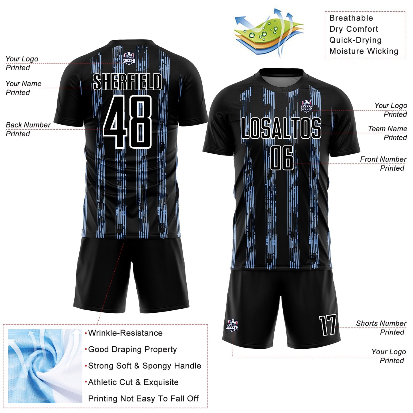 Custom Black Light Blue-White Line Sublimation Soccer Uniform Jersey view 4