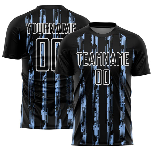 Custom Black Light Blue-White Line Sublimation Soccer Uniform Jersey - Main View