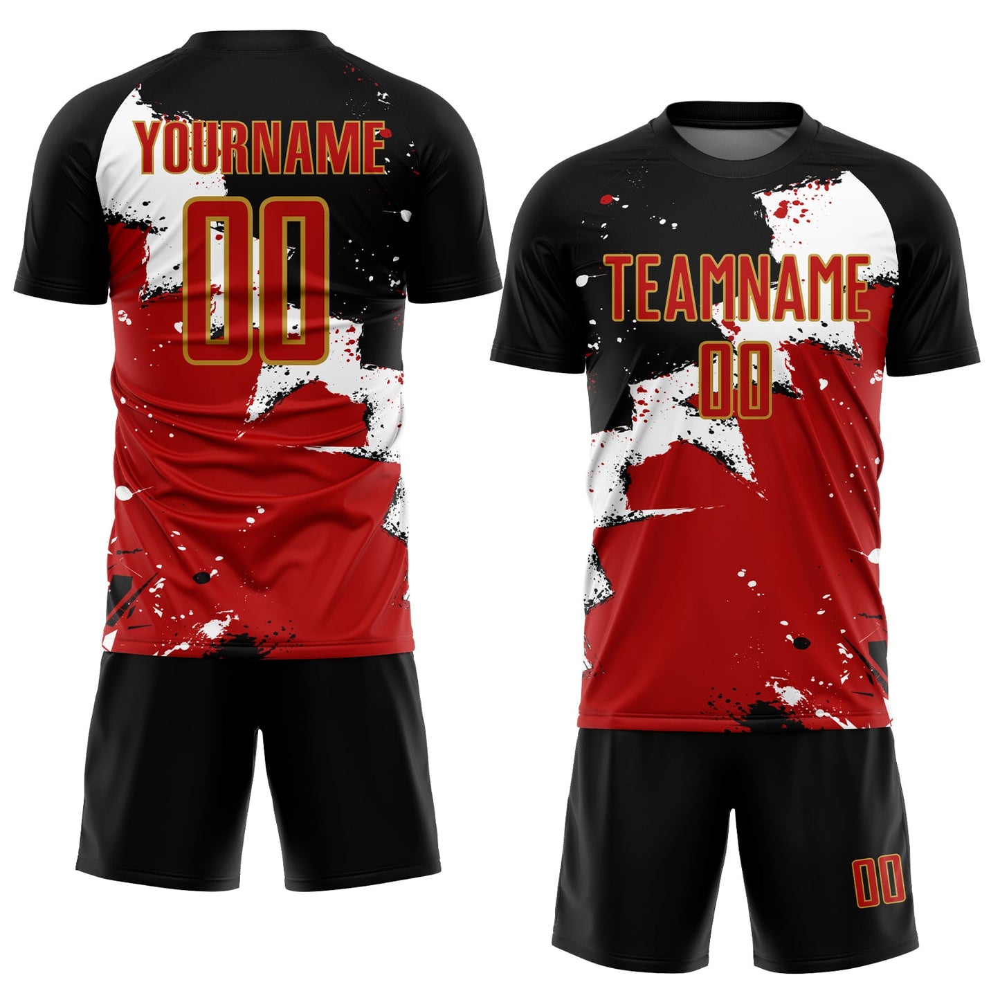 Custom Black Red-Old Gold Spalsh Sublimation Soccer Uniform Jersey view 2