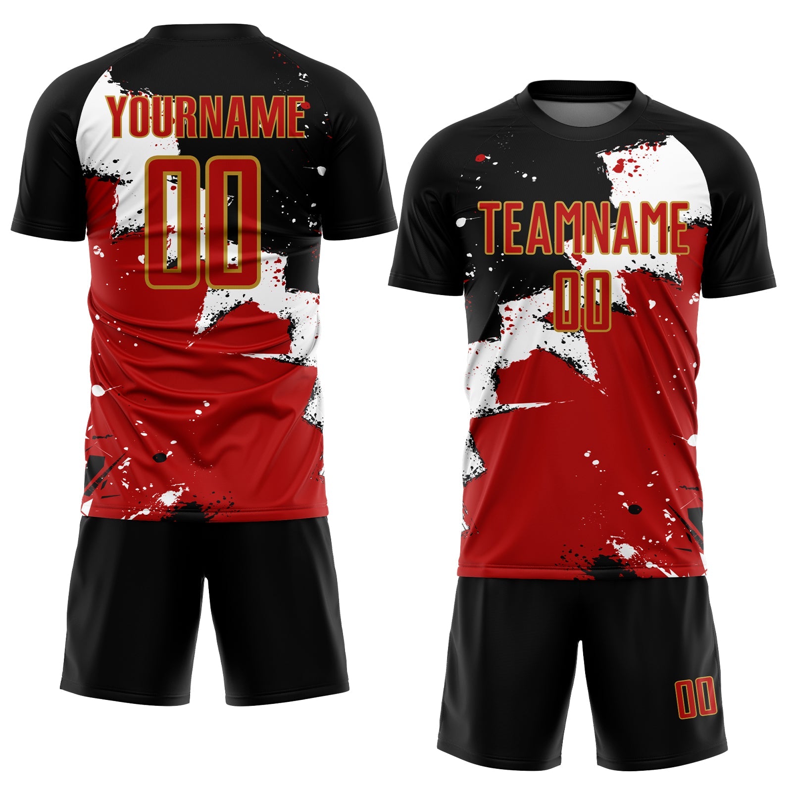 Custom Black Red-Old Gold Spalsh Sublimation Soccer Uniform Jersey view 2