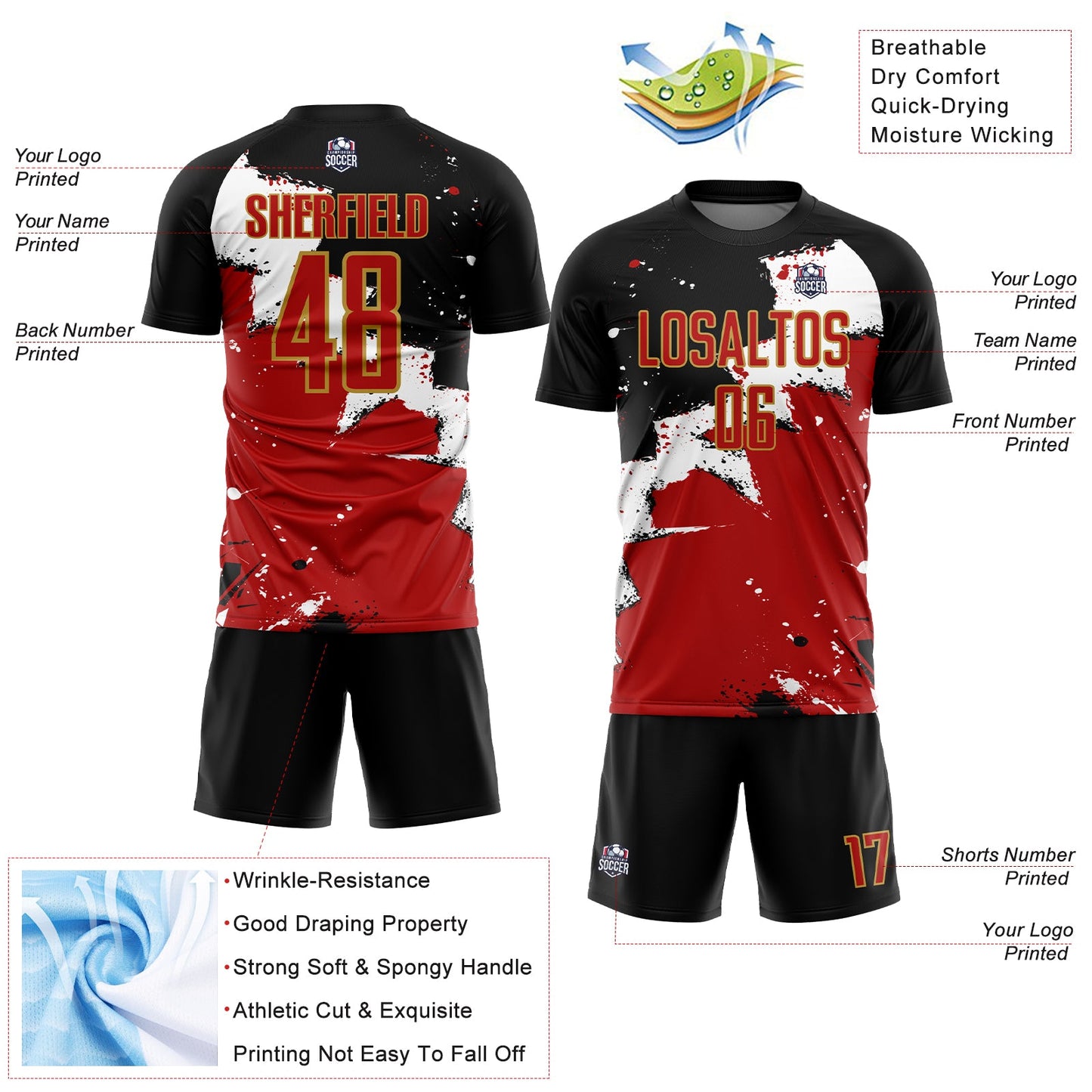 Custom Black Red-Old Gold Spalsh Sublimation Soccer Uniform Jersey view 4