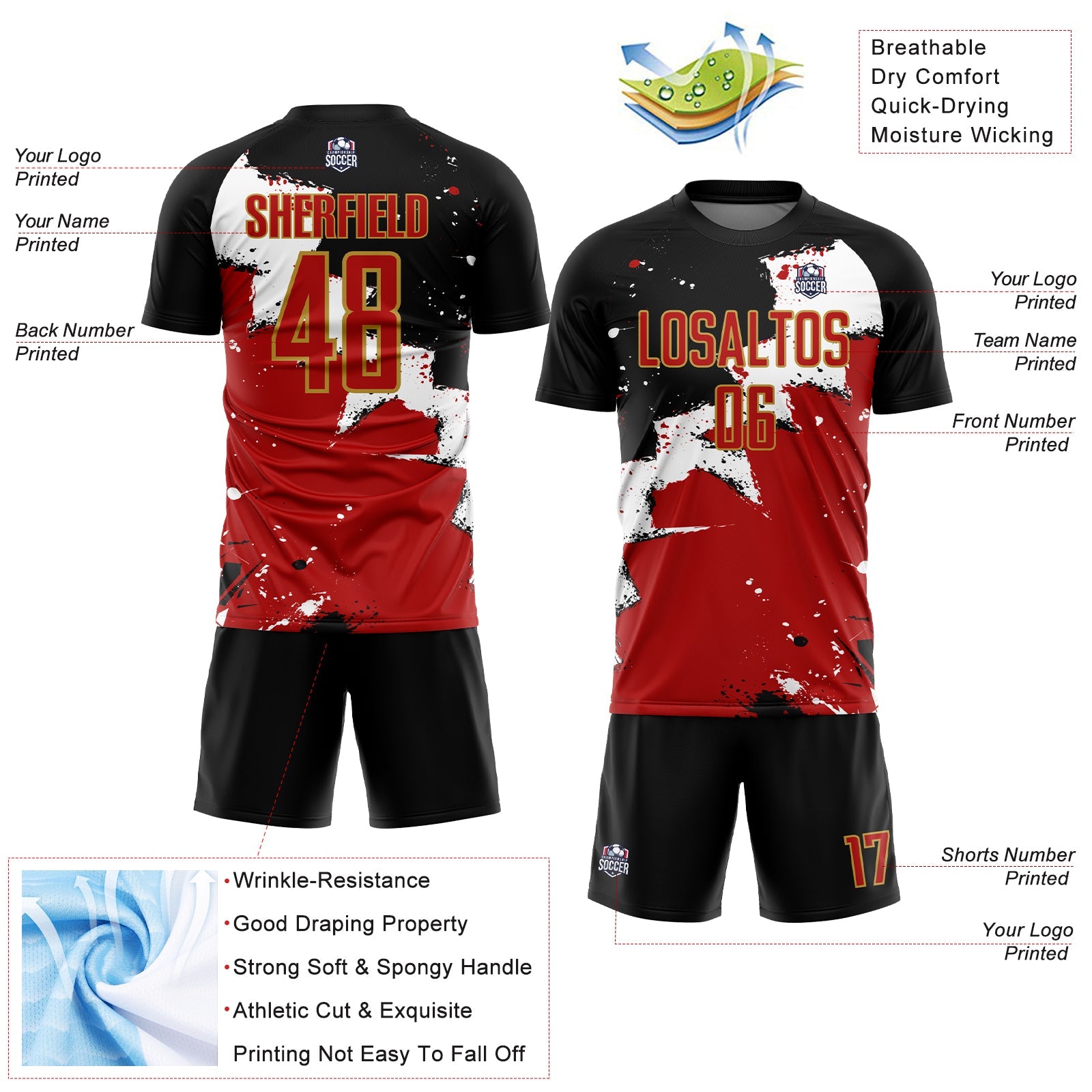 Custom Black Red-Old Gold Spalsh Sublimation Soccer Uniform Jersey view 4