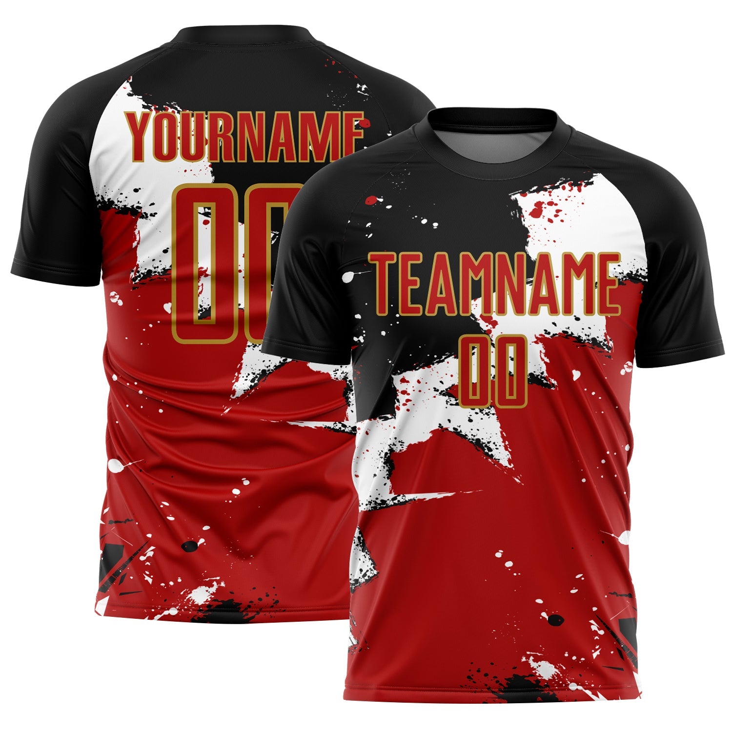 Custom Black Red-Old Gold Spalsh Sublimation Soccer Uniform Jersey - Main View