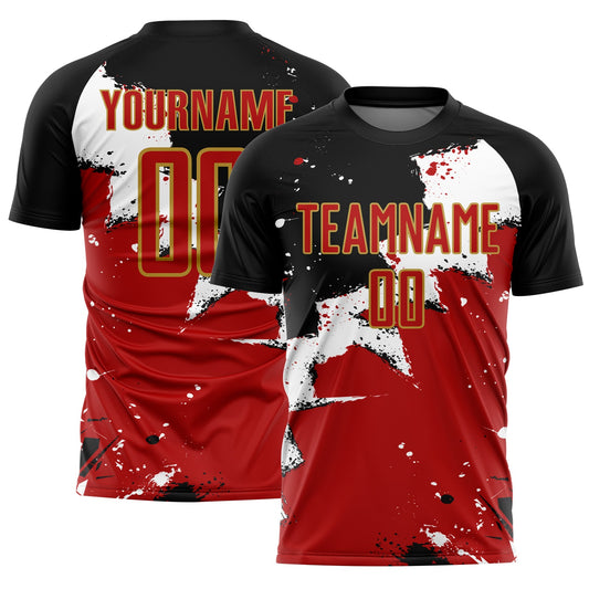Custom Black Red-Old Gold Spalsh Sublimation Soccer Uniform Jersey - Main View