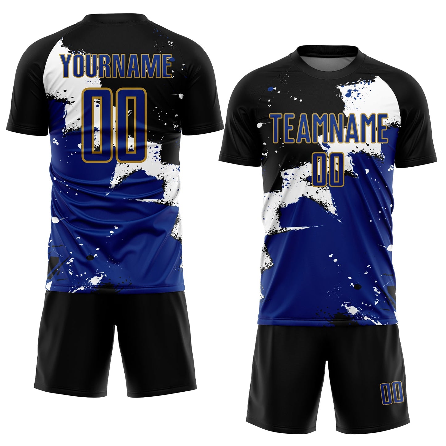 Custom Black Royal-Old Gold Spalsh Sublimation Soccer Uniform Jersey view 2