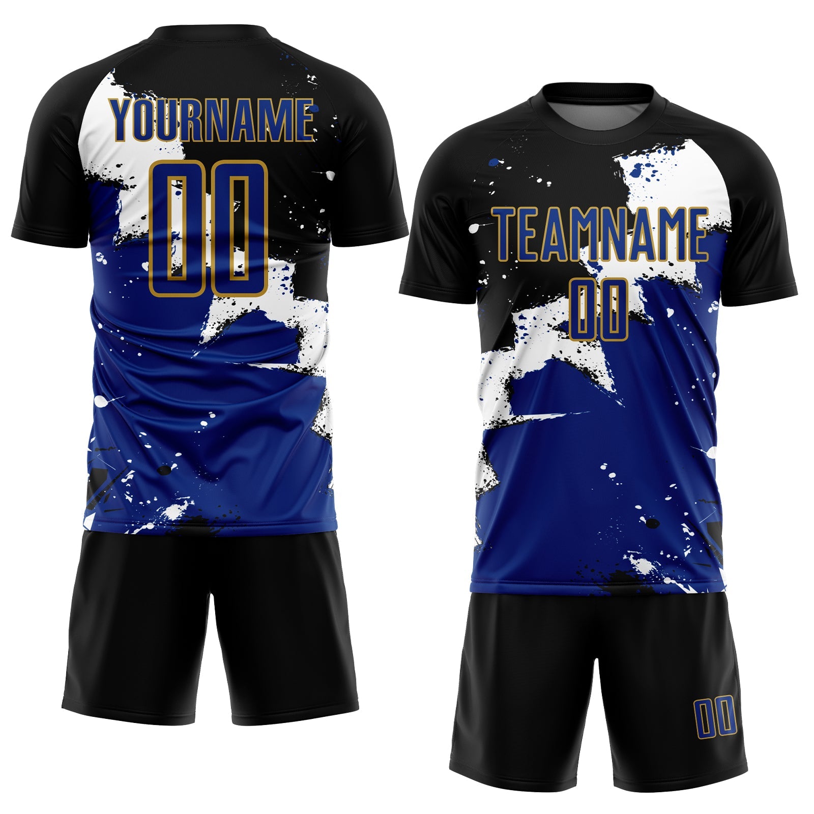 Custom Black Royal-Old Gold Spalsh Sublimation Soccer Uniform Jersey view 2