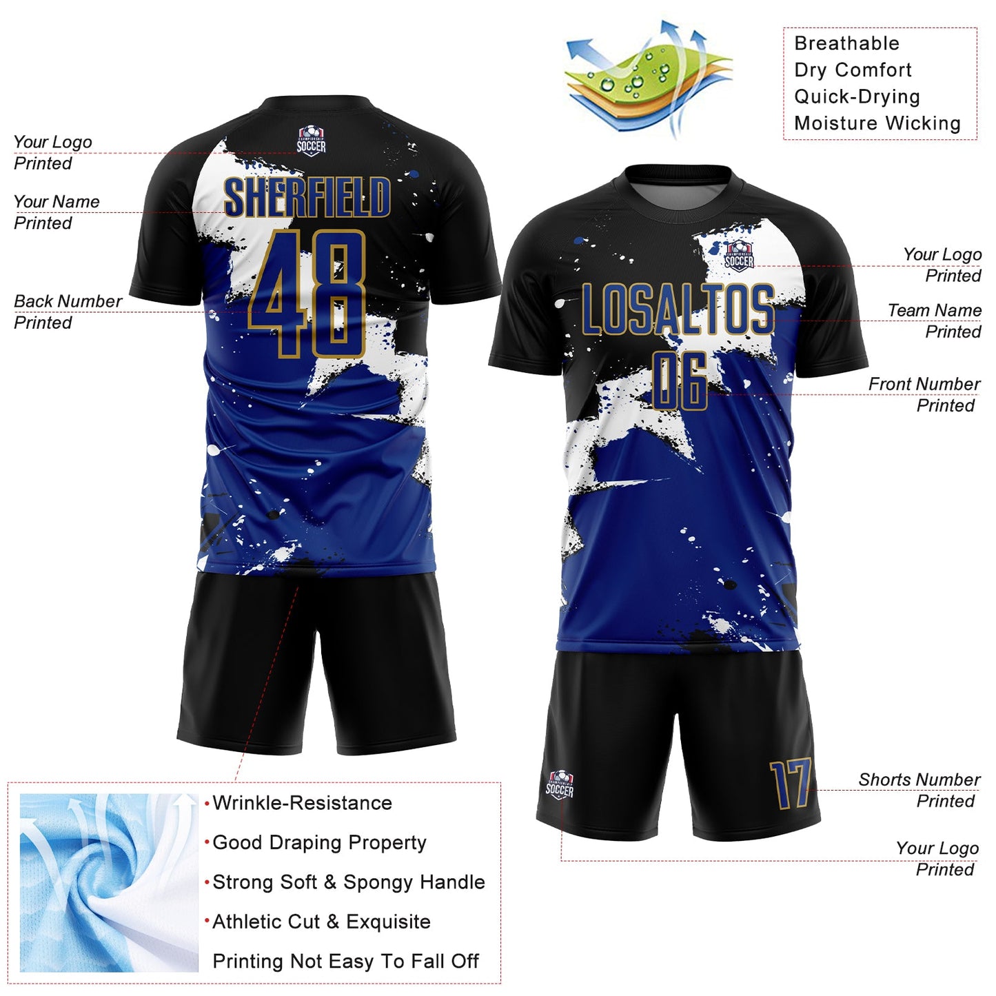 Custom Black Royal-Old Gold Spalsh Sublimation Soccer Uniform Jersey view 4
