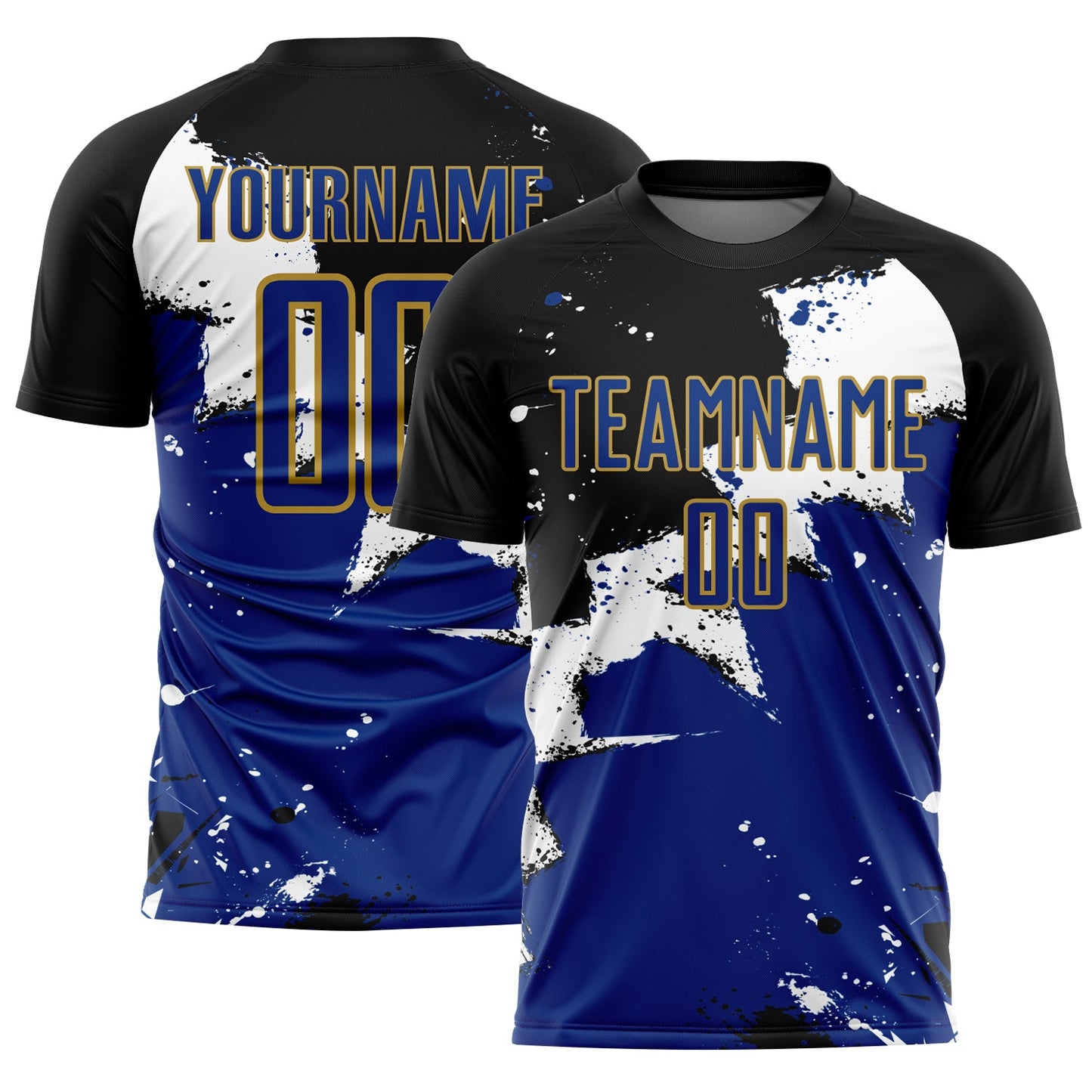 Custom Black Royal-Old Gold Spalsh Sublimation Soccer Uniform Jersey - Main View