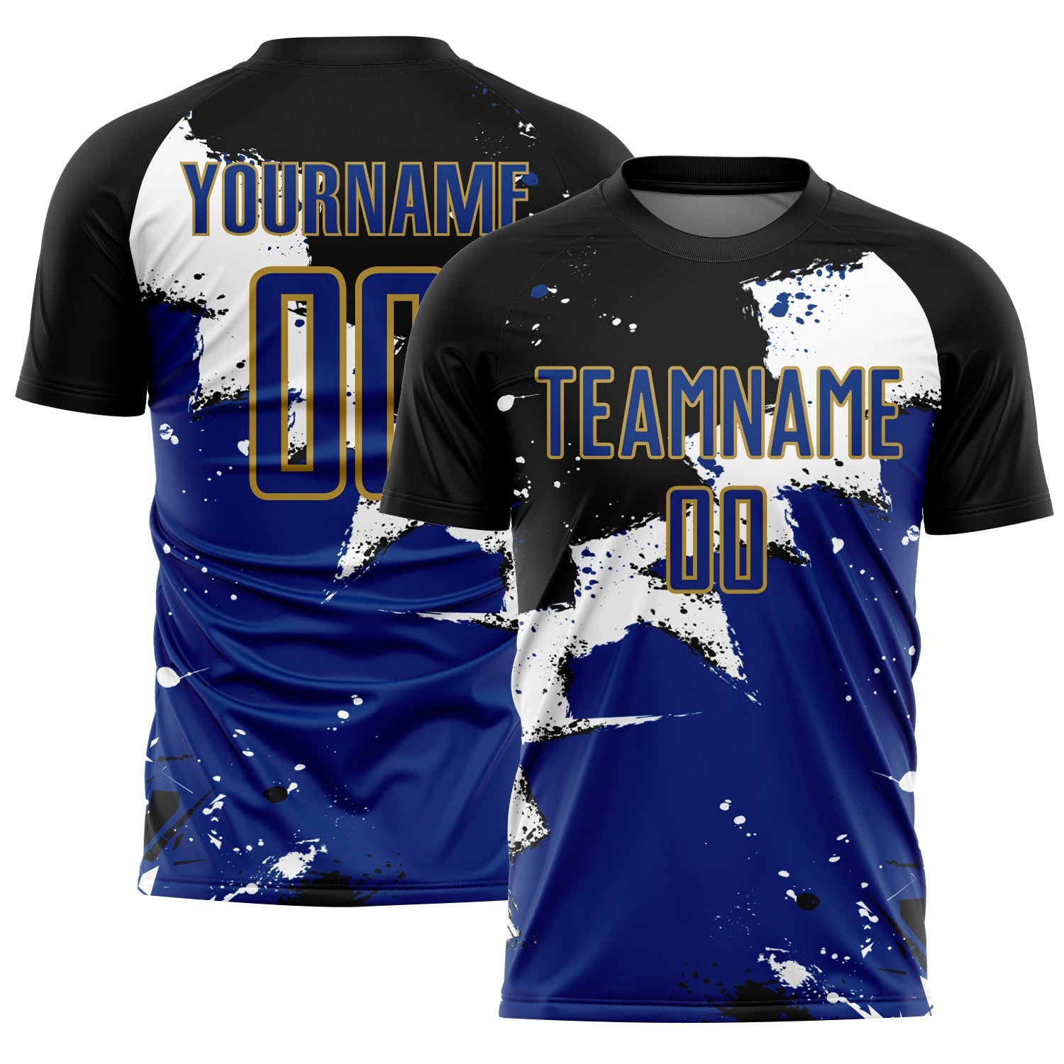 Custom Black Royal-Old Gold Spalsh Sublimation Soccer Uniform Jersey - Main View