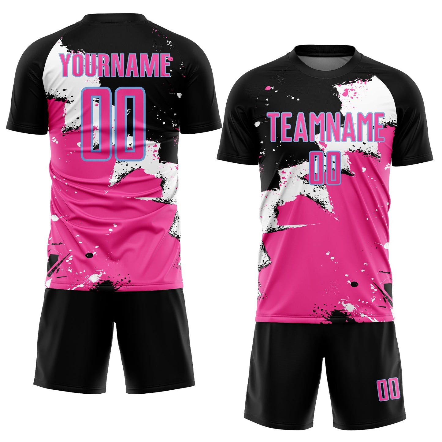 Custom Black Pink-Light Blue Spalsh Sublimation Soccer Uniform Jersey view 2