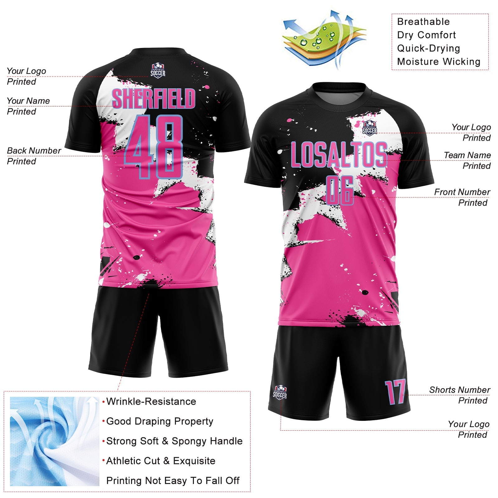 Custom Black Pink-Light Blue Spalsh Sublimation Soccer Uniform Jersey view 4