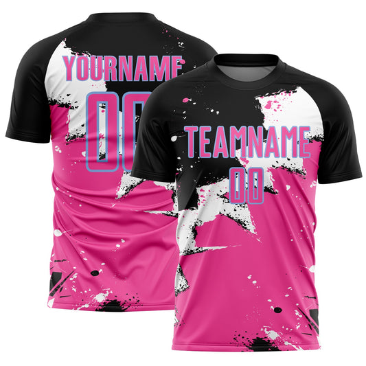 Custom Black Pink-Light Blue Spalsh Sublimation Soccer Uniform Jersey - Main View