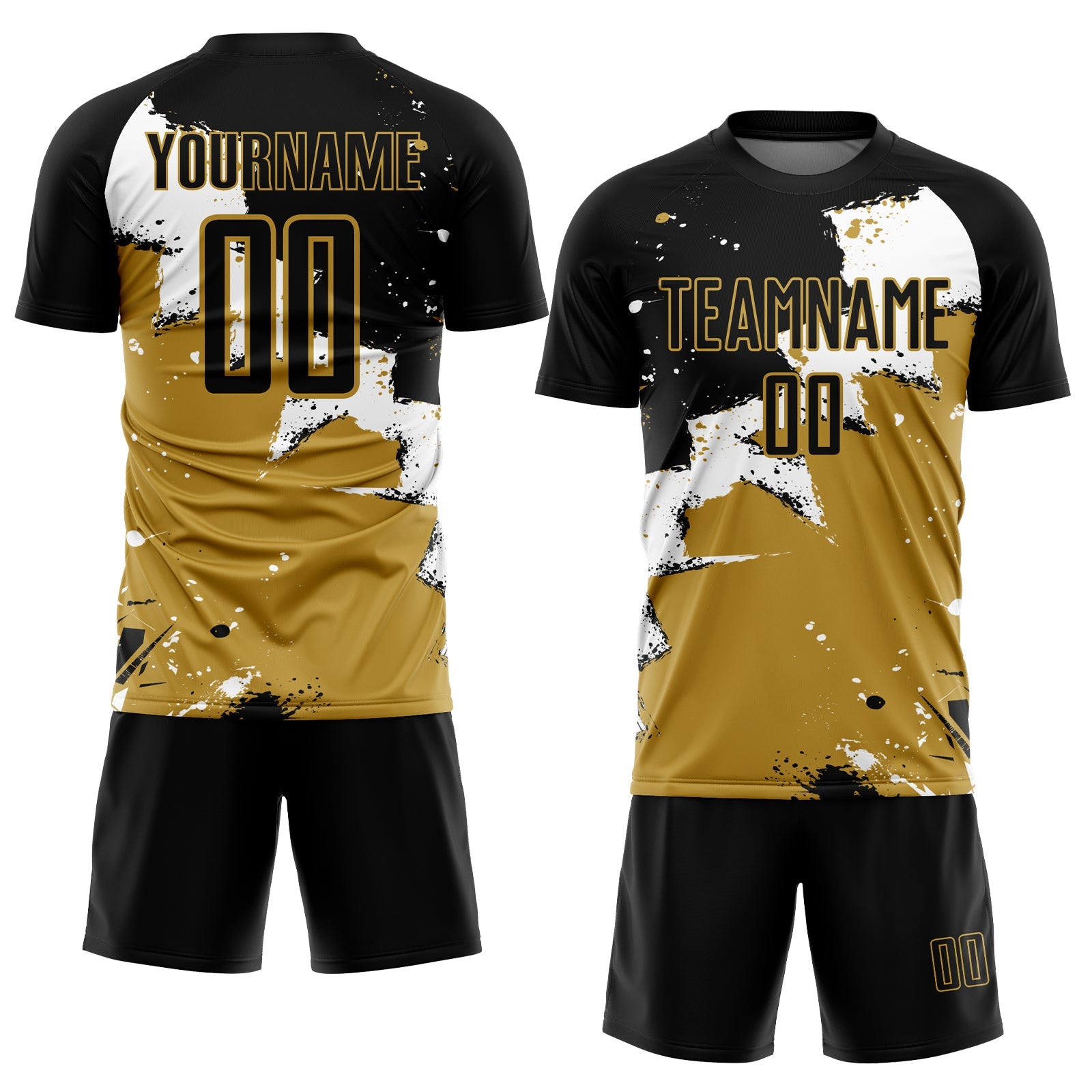 Custom Black White-Old Gold Spalsh Sublimation Soccer Uniform Jersey view 2