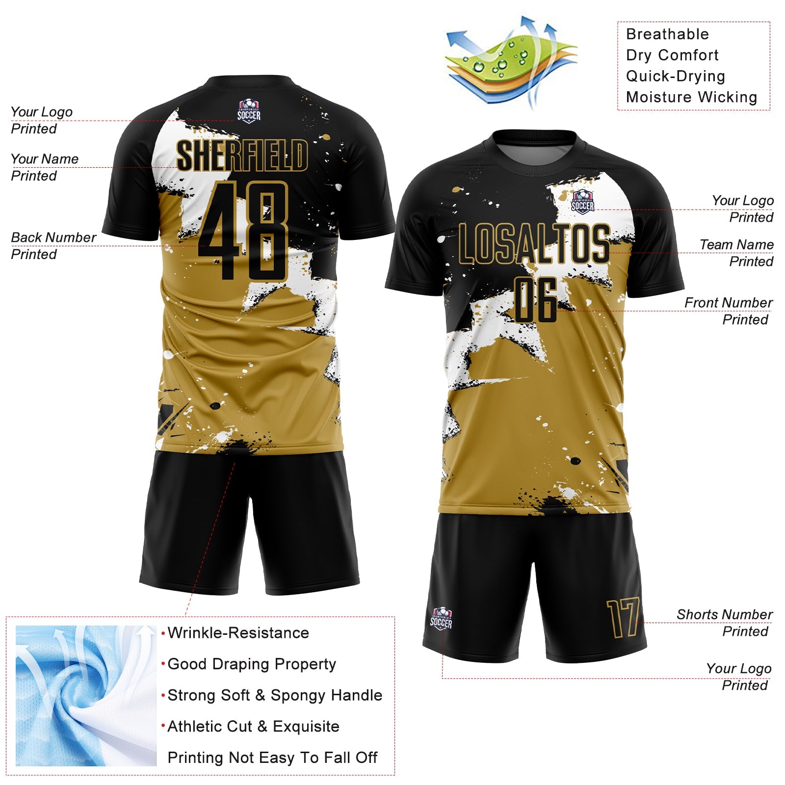 Custom Black White-Old Gold Spalsh Sublimation Soccer Uniform Jersey view 4