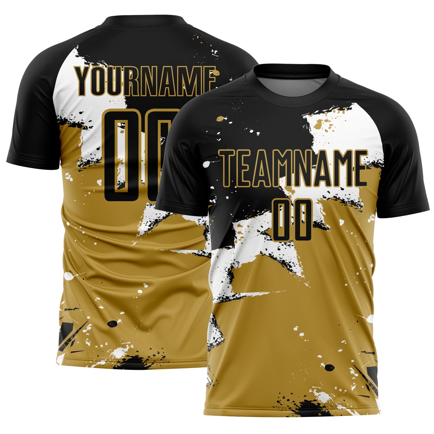 Custom Black White-Old Gold Spalsh Sublimation Soccer Uniform Jersey - Main View