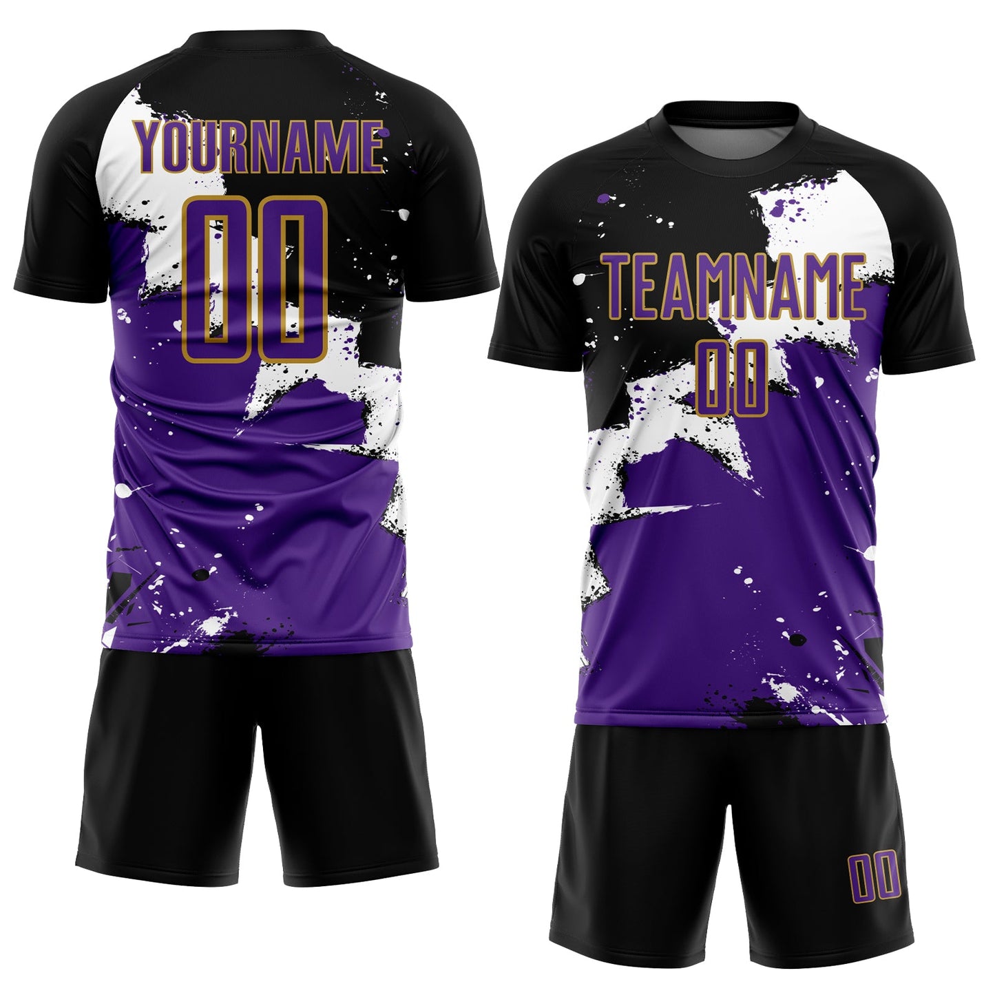 Custom Black Purple-Old Gold Spalsh Sublimation Soccer Uniform Jersey view 2