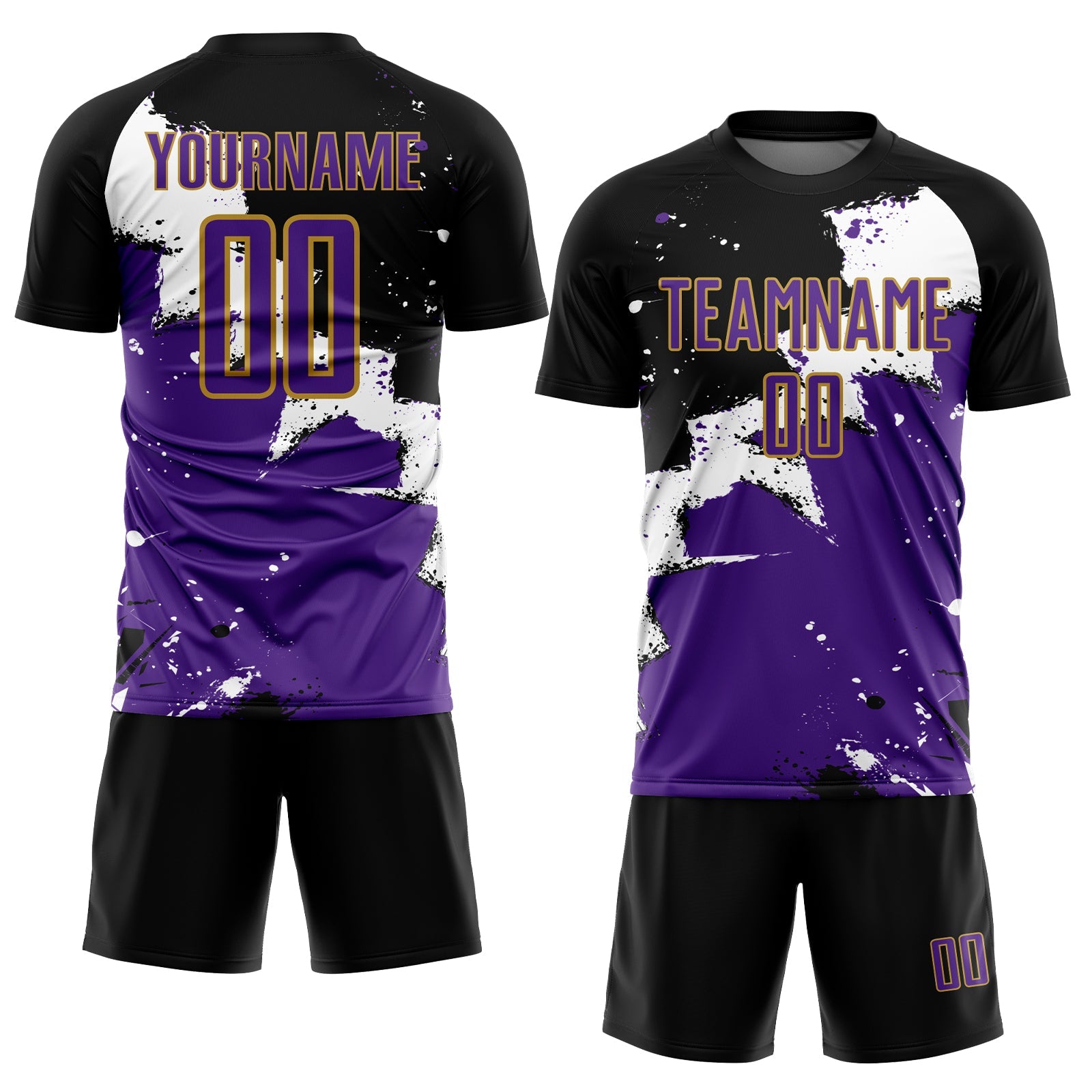 Custom Black Purple-Old Gold Spalsh Sublimation Soccer Uniform Jersey view 2