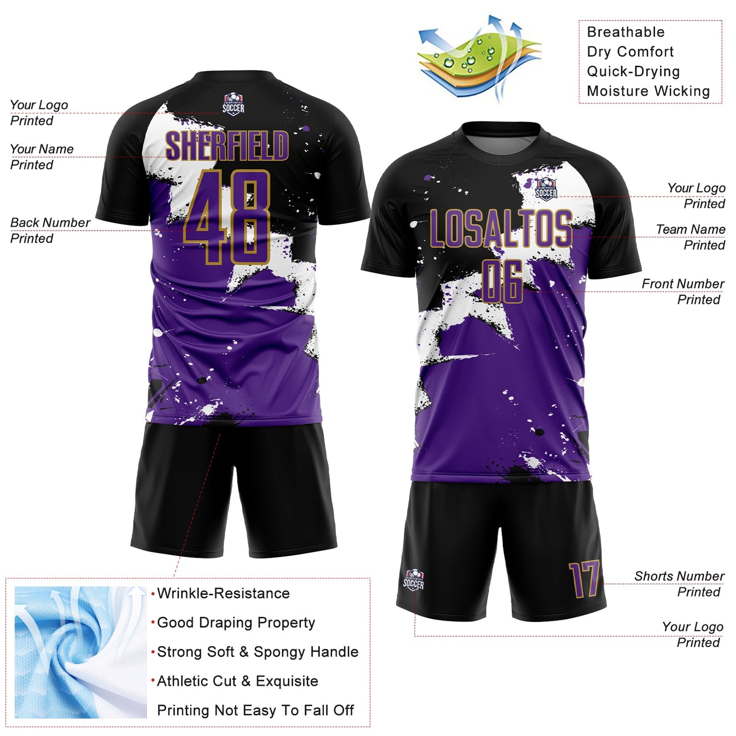 Custom Black Purple-Old Gold Spalsh Sublimation Soccer Uniform Jersey view 4
