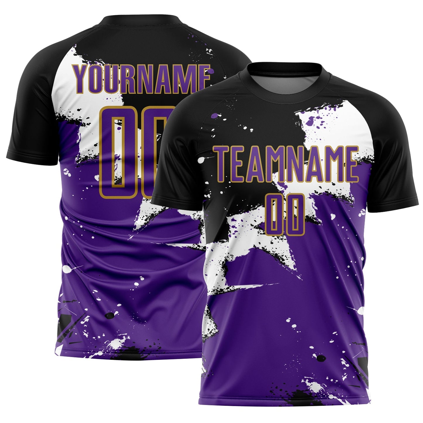 Custom Black Purple-Old Gold Spalsh Sublimation Soccer Uniform Jersey - Main View