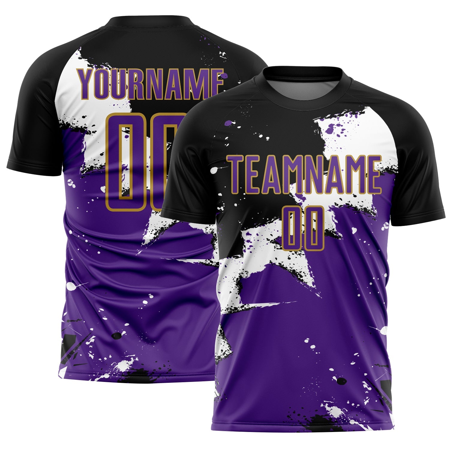 Custom Black Purple-Old Gold Spalsh Sublimation Soccer Uniform Jersey - Main View