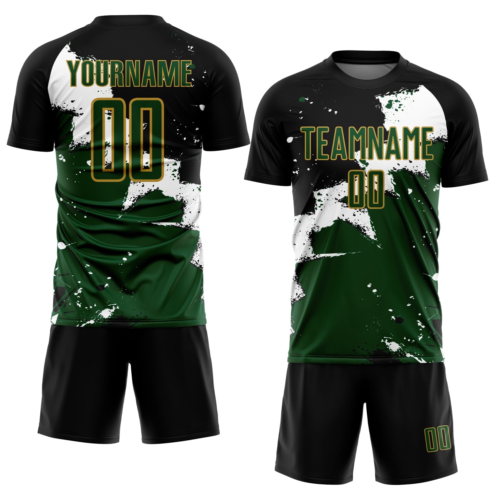 Custom Black Green-Old Gold Spalsh Sublimation Soccer Uniform Jersey view 2