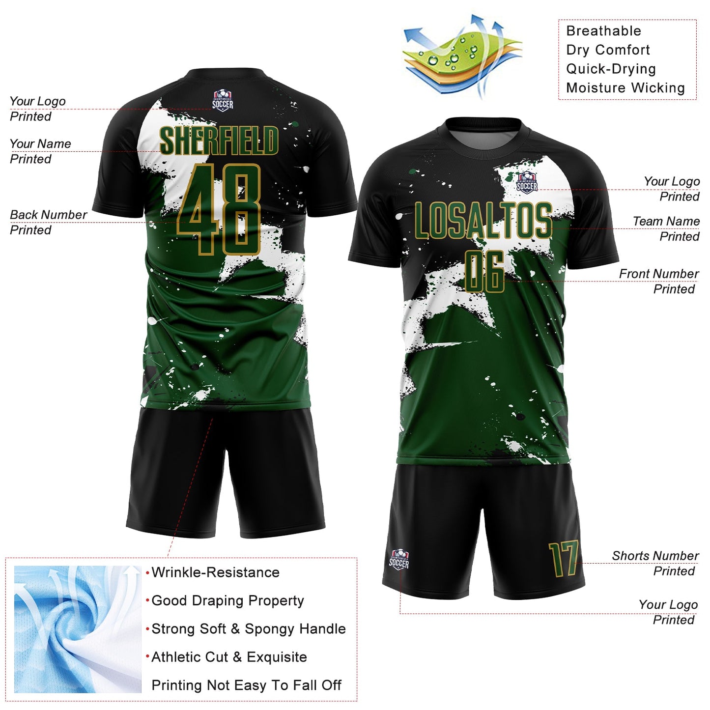 Custom Black Green-Old Gold Spalsh Sublimation Soccer Uniform Jersey view 4
