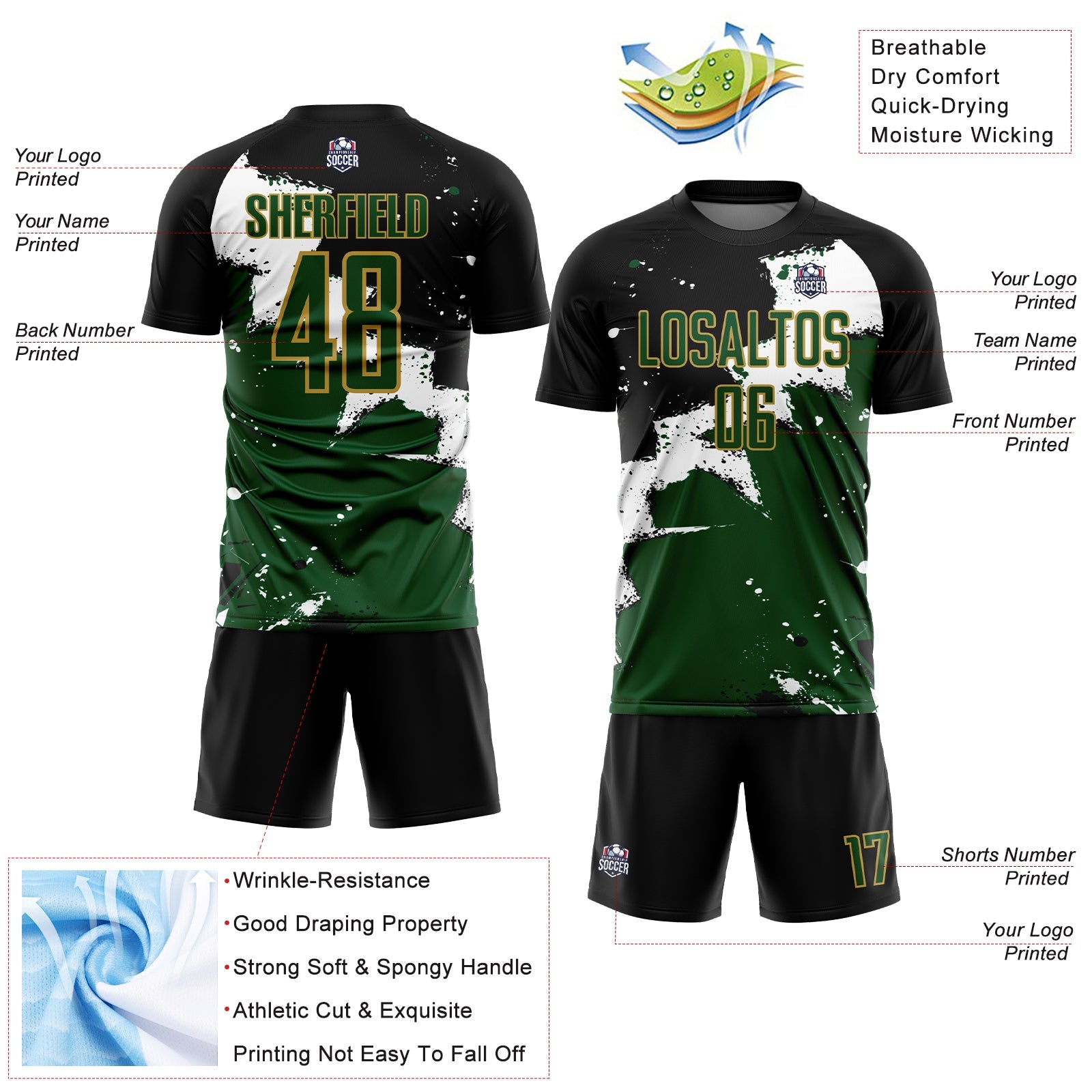 Custom Black Green-Old Gold Spalsh Sublimation Soccer Uniform Jersey view 4