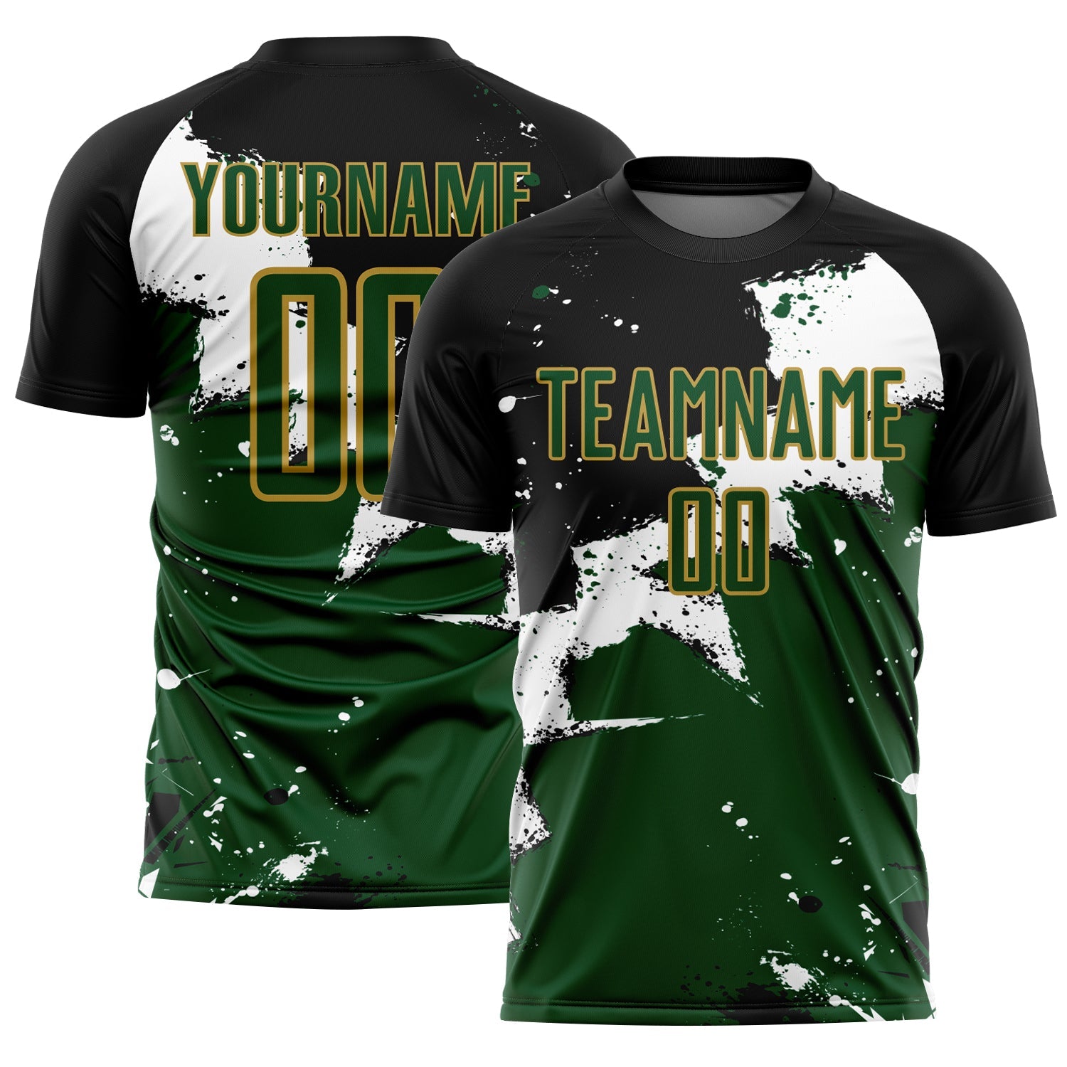Custom Black Green-Old Gold Spalsh Sublimation Soccer Uniform Jersey - Main View