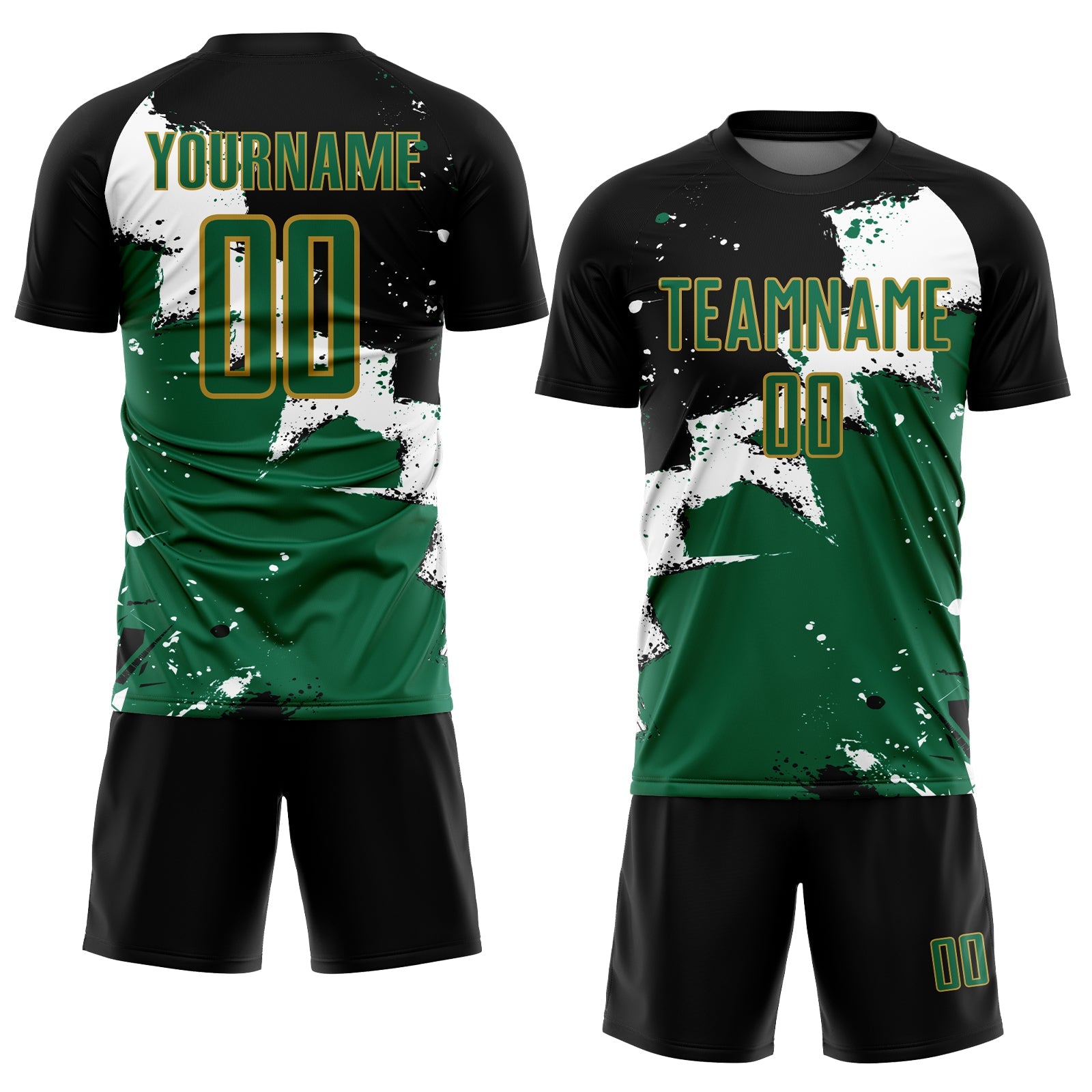 Custom Black Kelly Green-Old Gold Spalsh Sublimation Soccer Uniform Jersey view 2