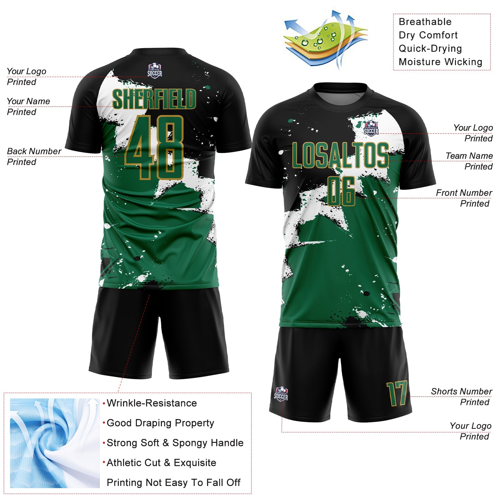 Custom Black Kelly Green-Old Gold Spalsh Sublimation Soccer Uniform Jersey view 4