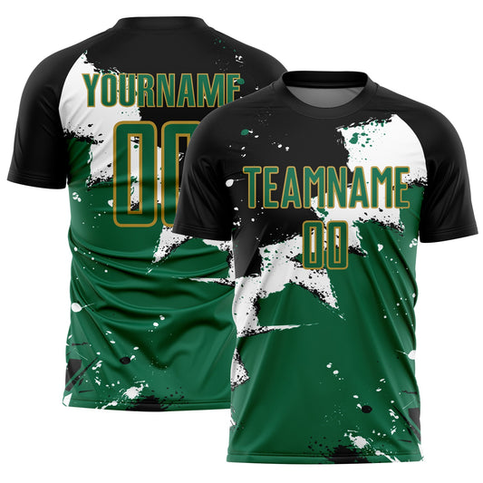 Custom Black Kelly Green-Old Gold Spalsh Sublimation Soccer Uniform Jersey - Main View