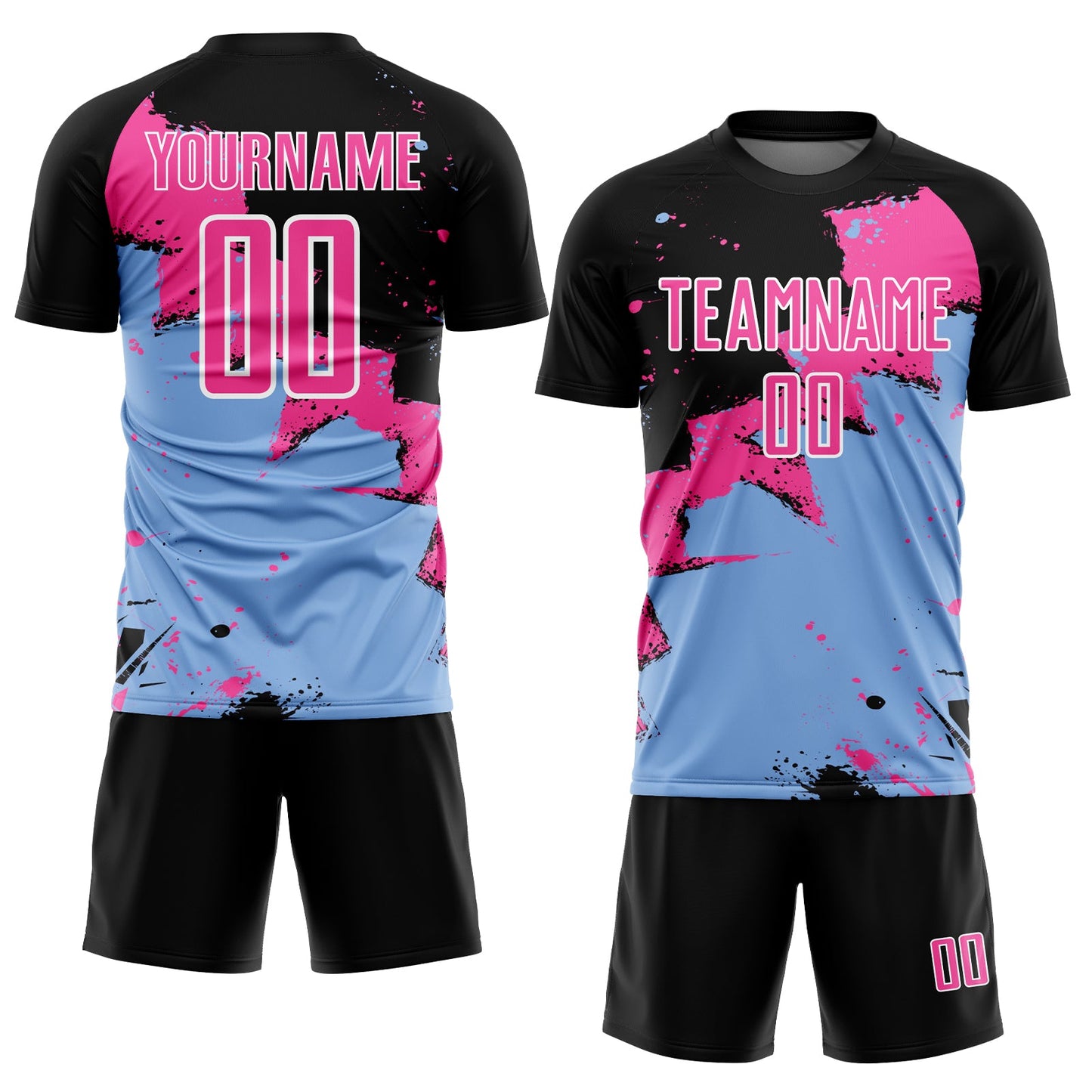 Custom Black Pink-Light Blue Spalsh Sublimation Soccer Uniform Jersey view 2