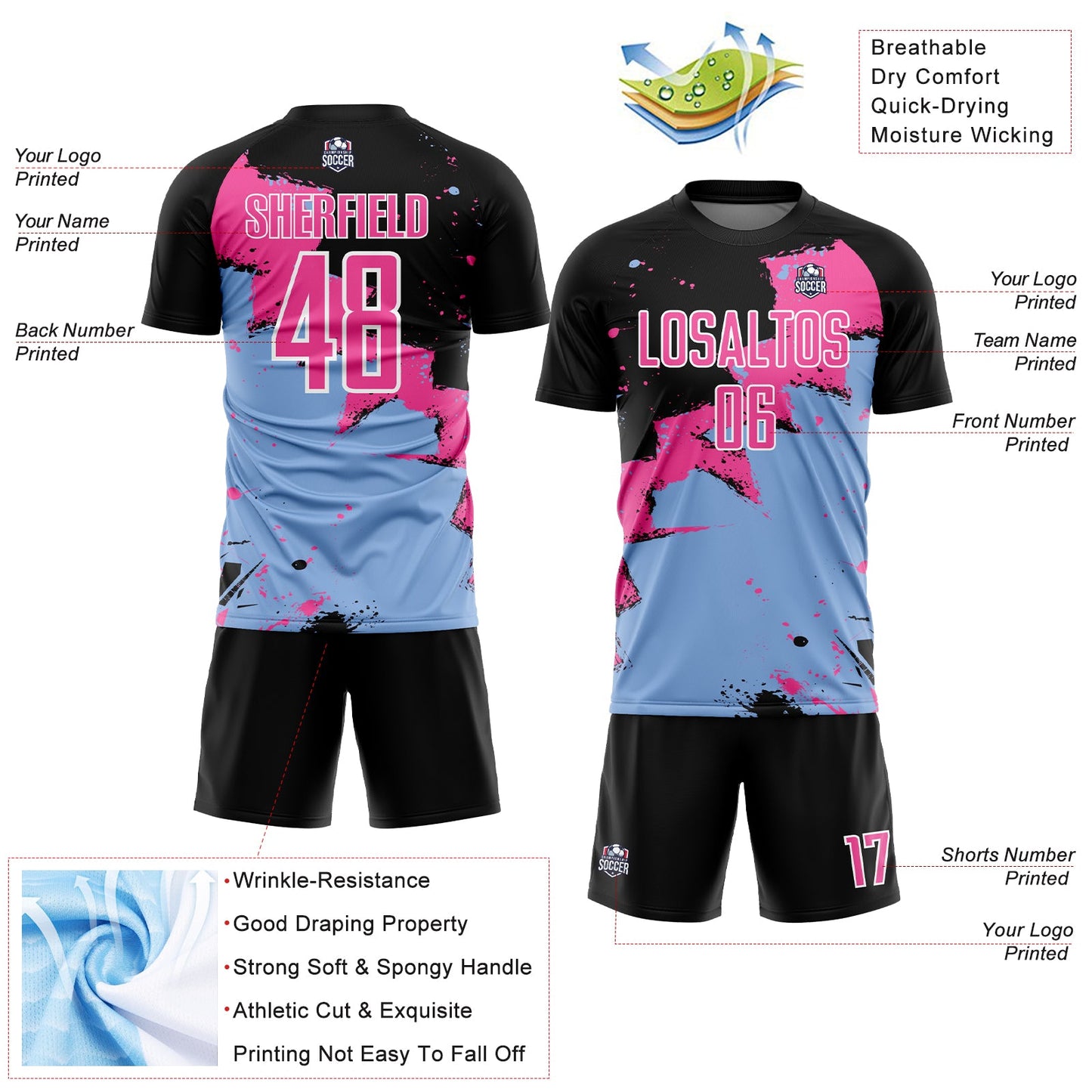 Custom Black Pink-Light Blue Spalsh Sublimation Soccer Uniform Jersey view 4