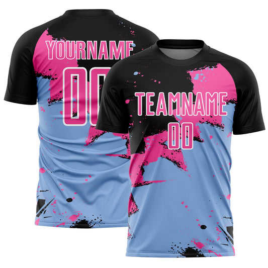 Custom Black Pink-Light Blue Spalsh Sublimation Soccer Uniform Jersey - Main View