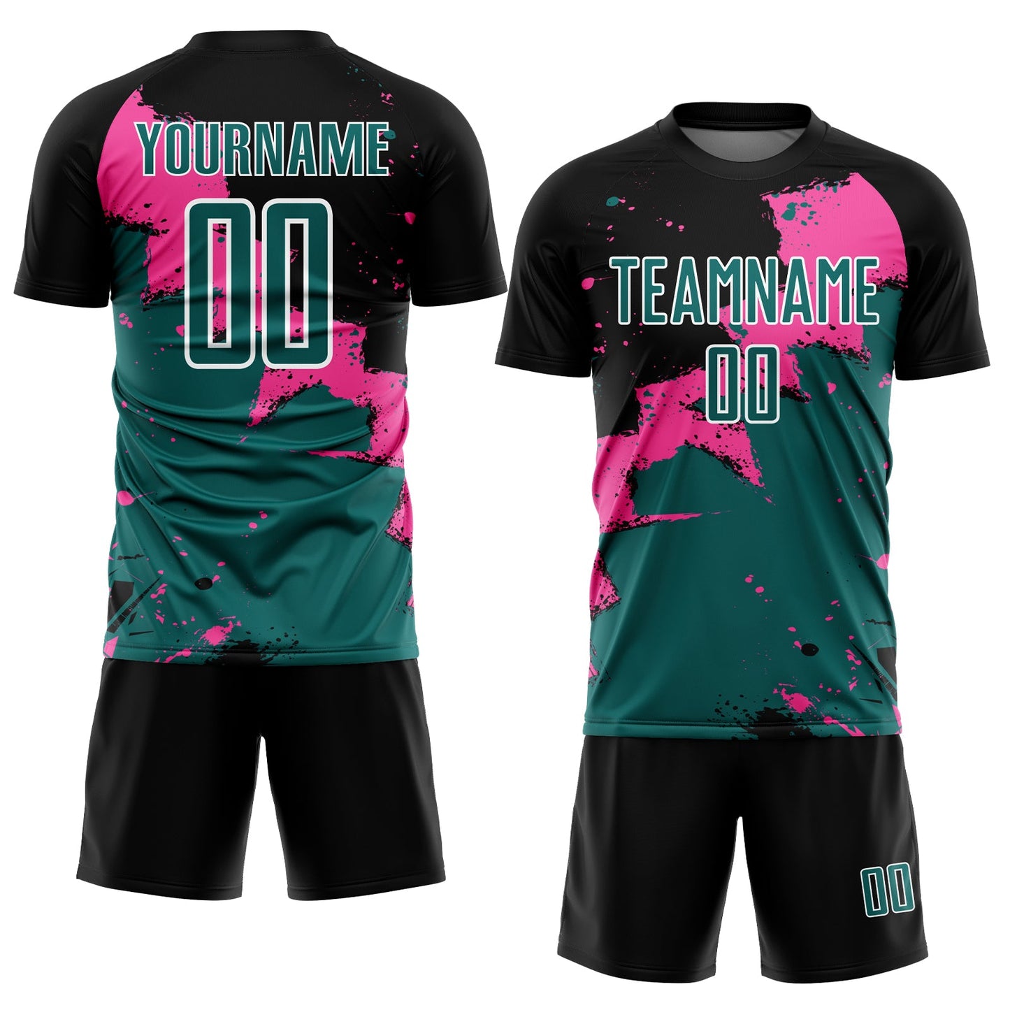 Custom Black Teal-Pink Spalsh Sublimation Soccer Uniform Jersey view 2