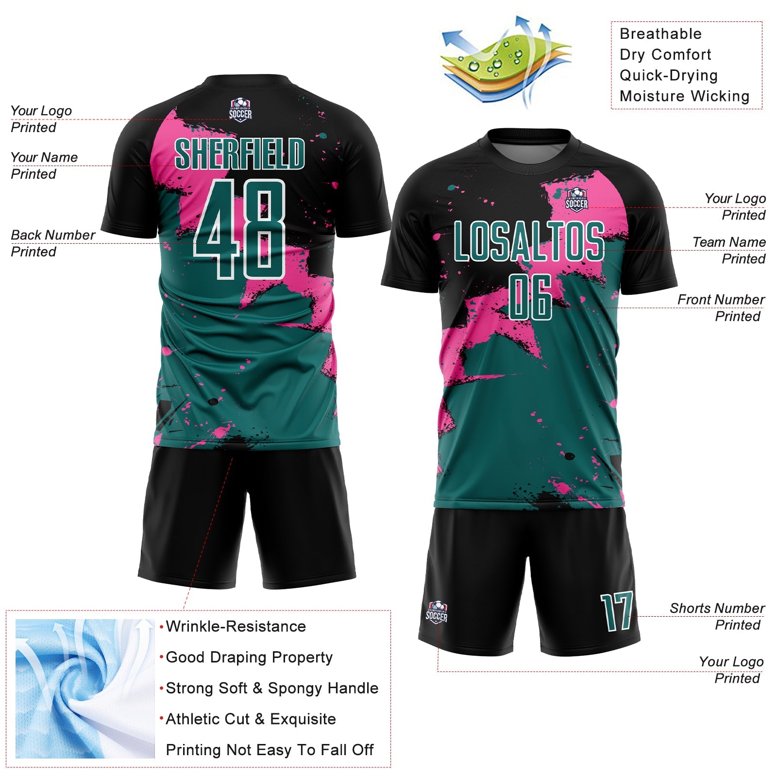 Custom Black Teal-Pink Spalsh Sublimation Soccer Uniform Jersey view 4