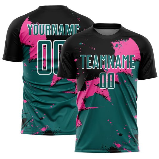 Custom Black Teal-Pink Spalsh Sublimation Soccer Uniform Jersey - Main View