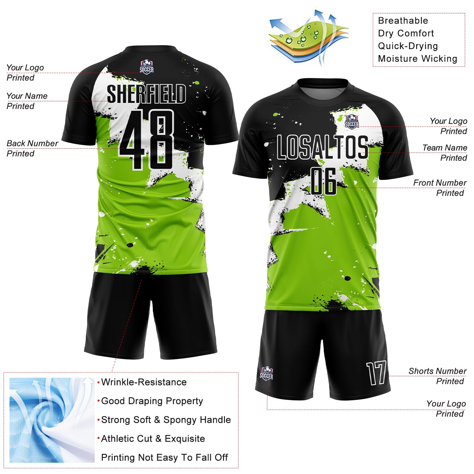 Custom Black White-Neon Green Spalsh Sublimation Soccer Uniform Jersey view 4