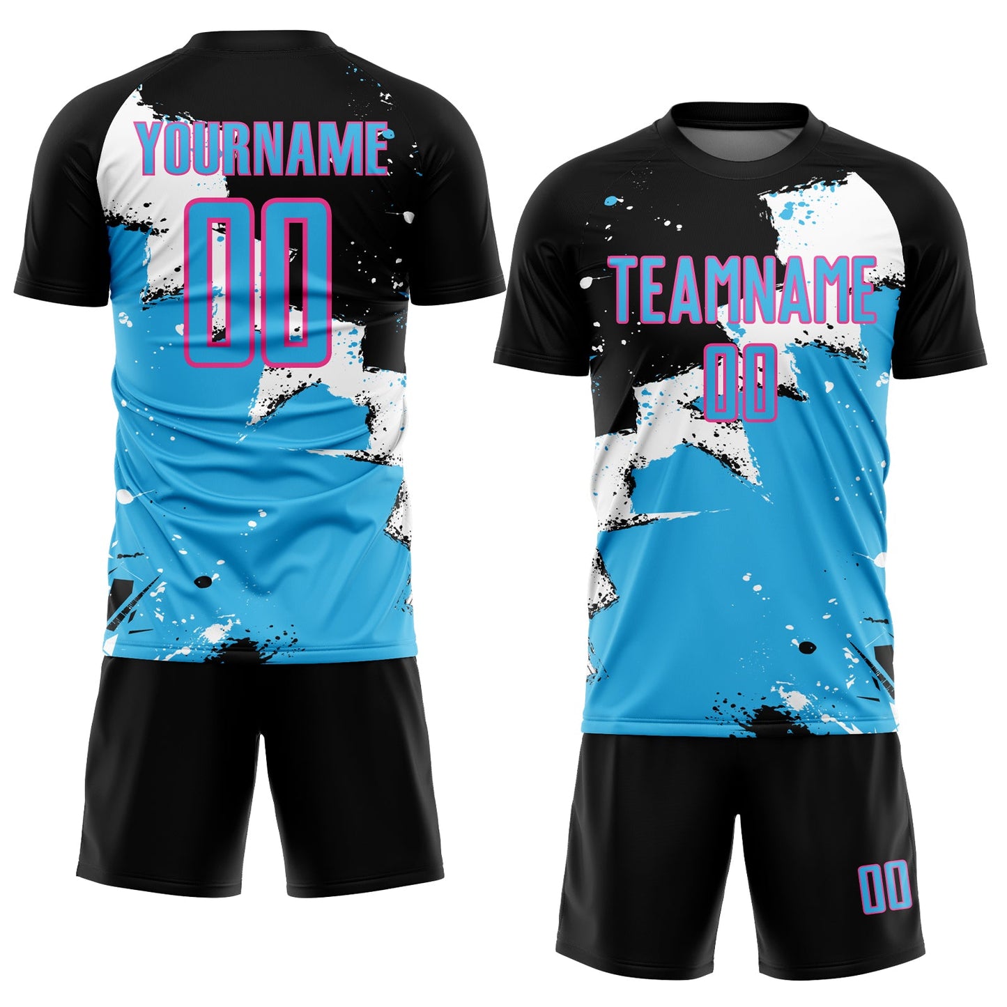 Custom Black Sky Blue-Pink Spalsh Sublimation Soccer Uniform Jersey view 2