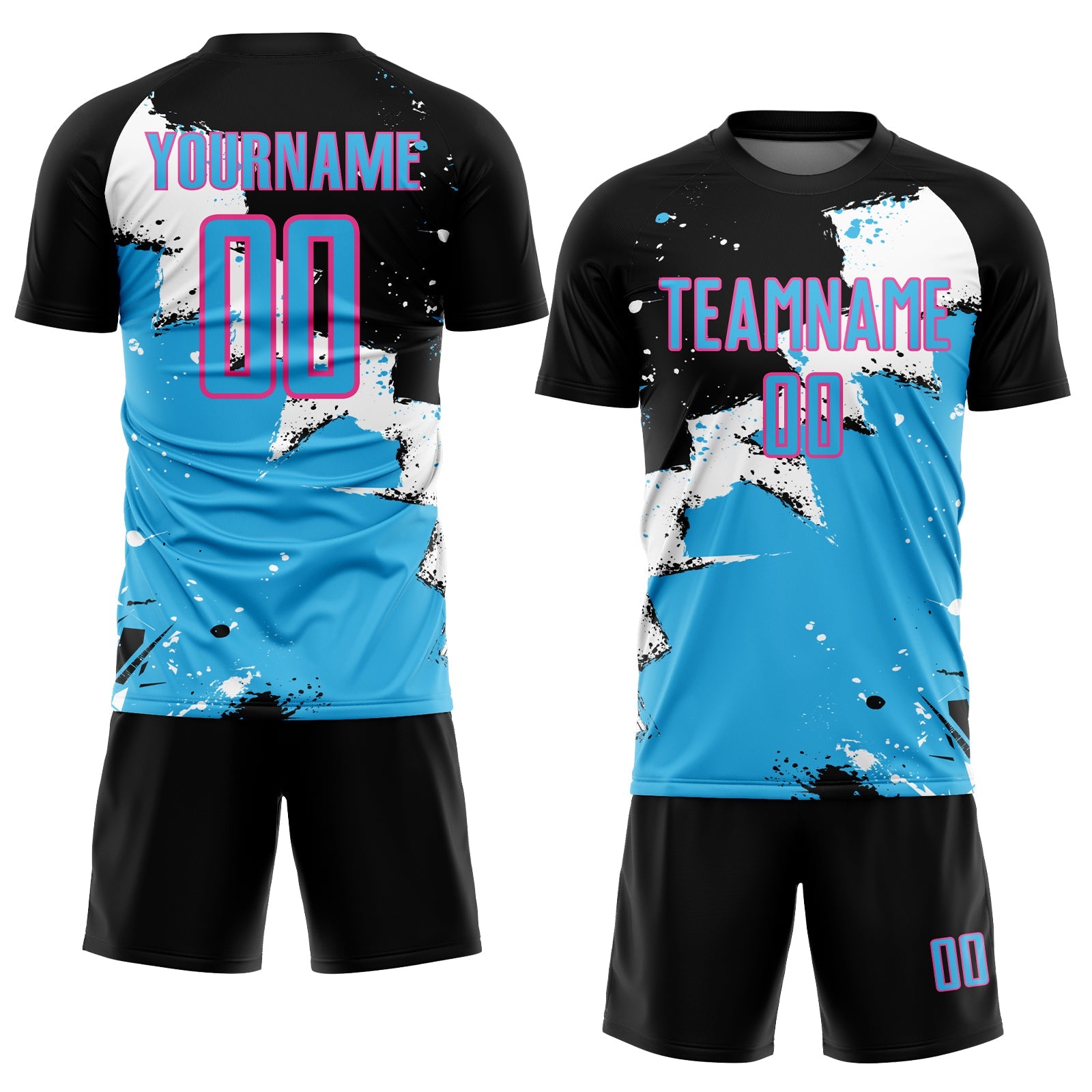 Custom Black Sky Blue-Pink Spalsh Sublimation Soccer Uniform Jersey view 2
